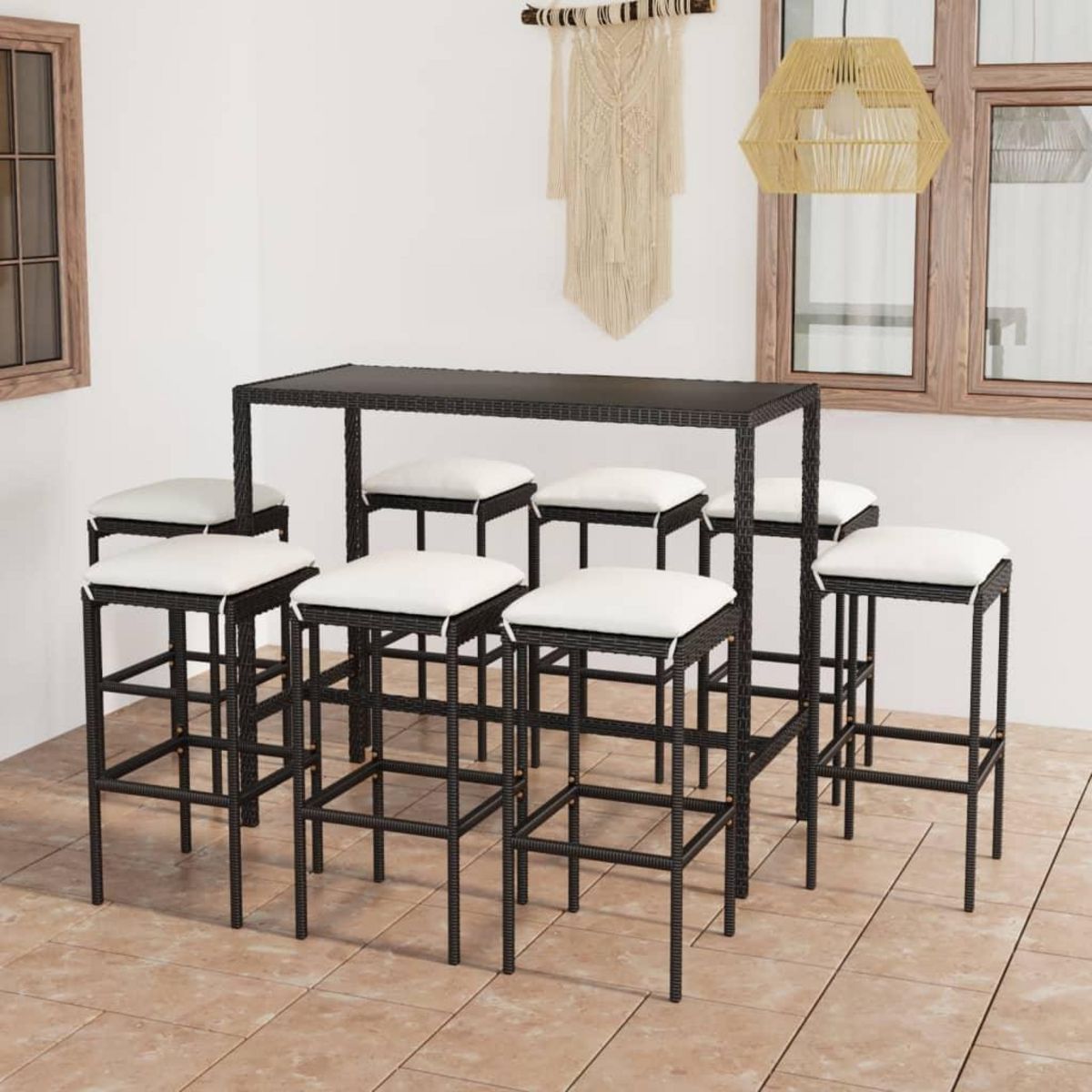 VIDAXL Ensemble de bar de jardin 9 pcs et coussins Resine tressee Noir