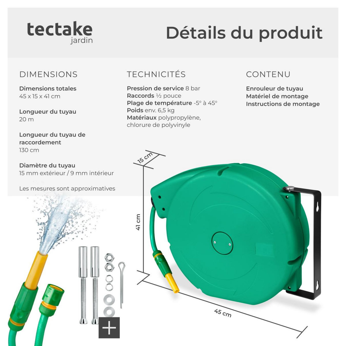 tectake Dévidoir à enroulement automatique pour tuyau d'arrosage avec raccord rapide 1/2 pouce vert