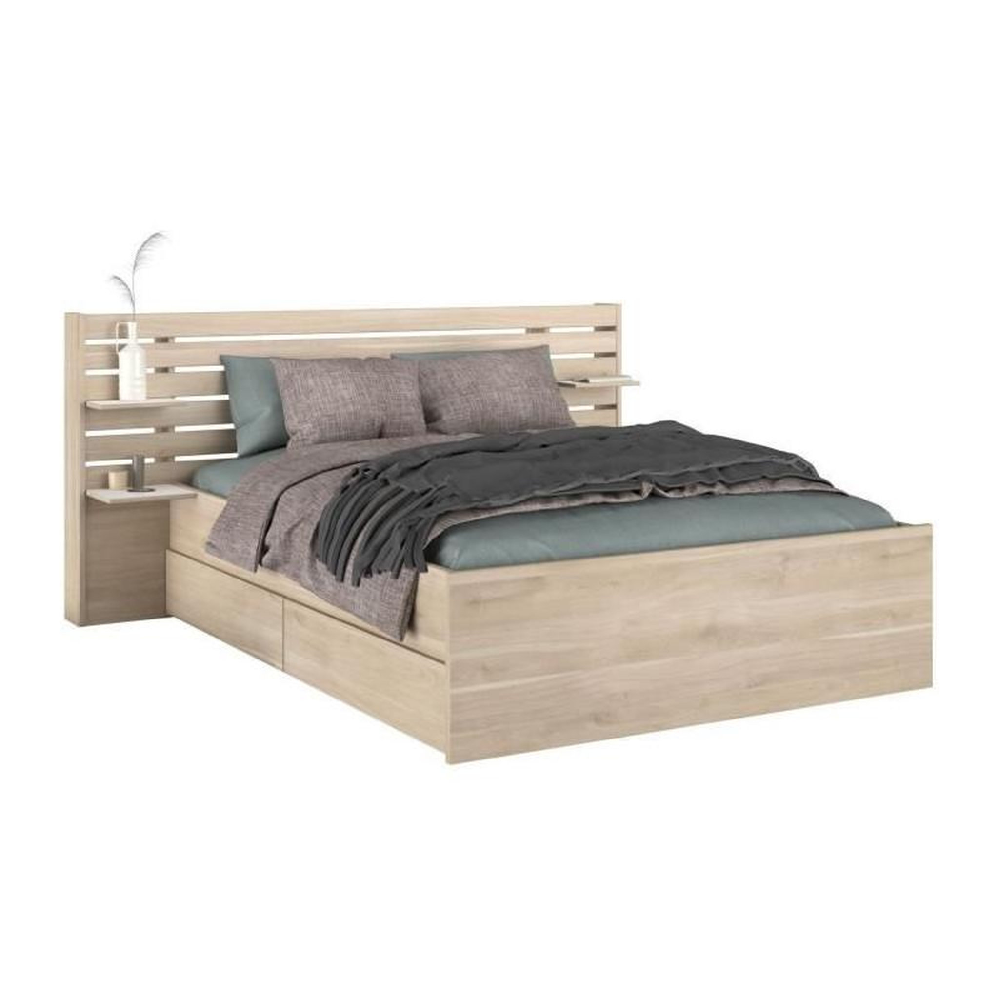 Voir la diapositive 3 : PARISOT Lit adulte ESCALE 160x200 cm - Décor chene du Japon - 2 tiroirs + Tete de lit - L222,8 x H98,2 x P216,8 cm - Fabriqué en Franc