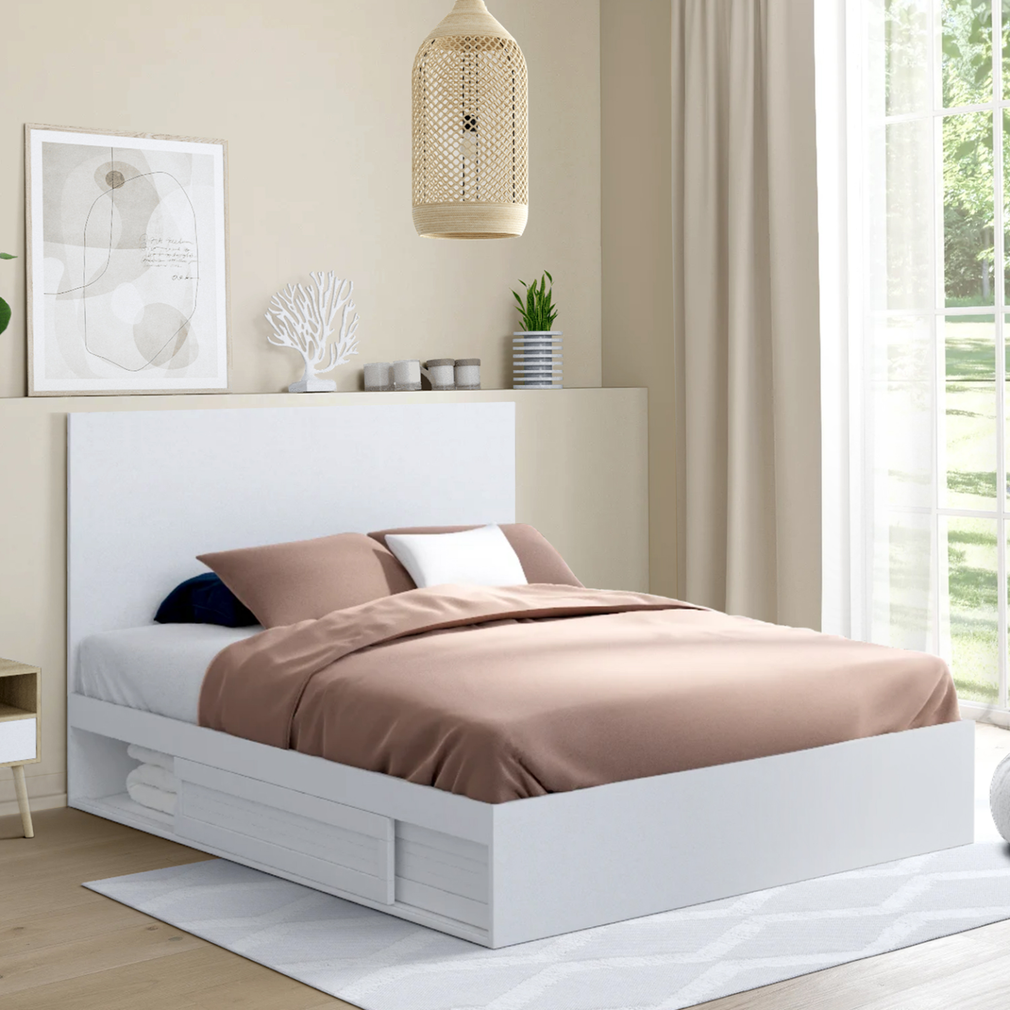 Voir la diapositive 2 : ID MARKET Lit double melsa avec rangements tête de lit et sommier 140 x 190 cm blanc