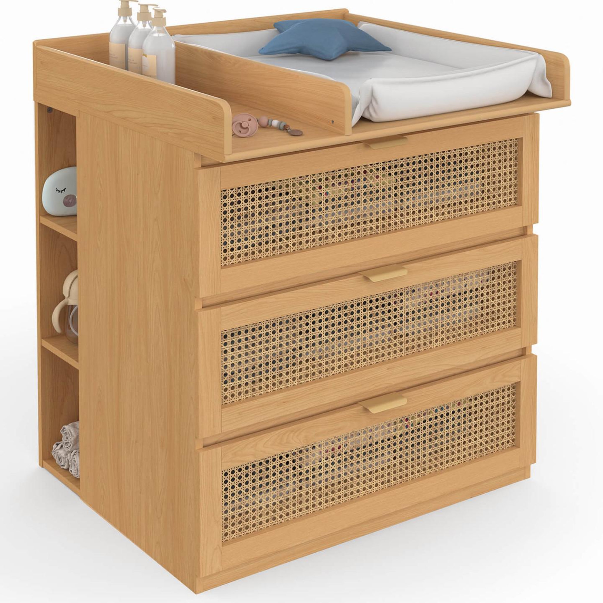 ID MARKET Commode à langer évolutive edhen bois et cannage 3 tiroirs, table à langer et 2 étagères amovibles