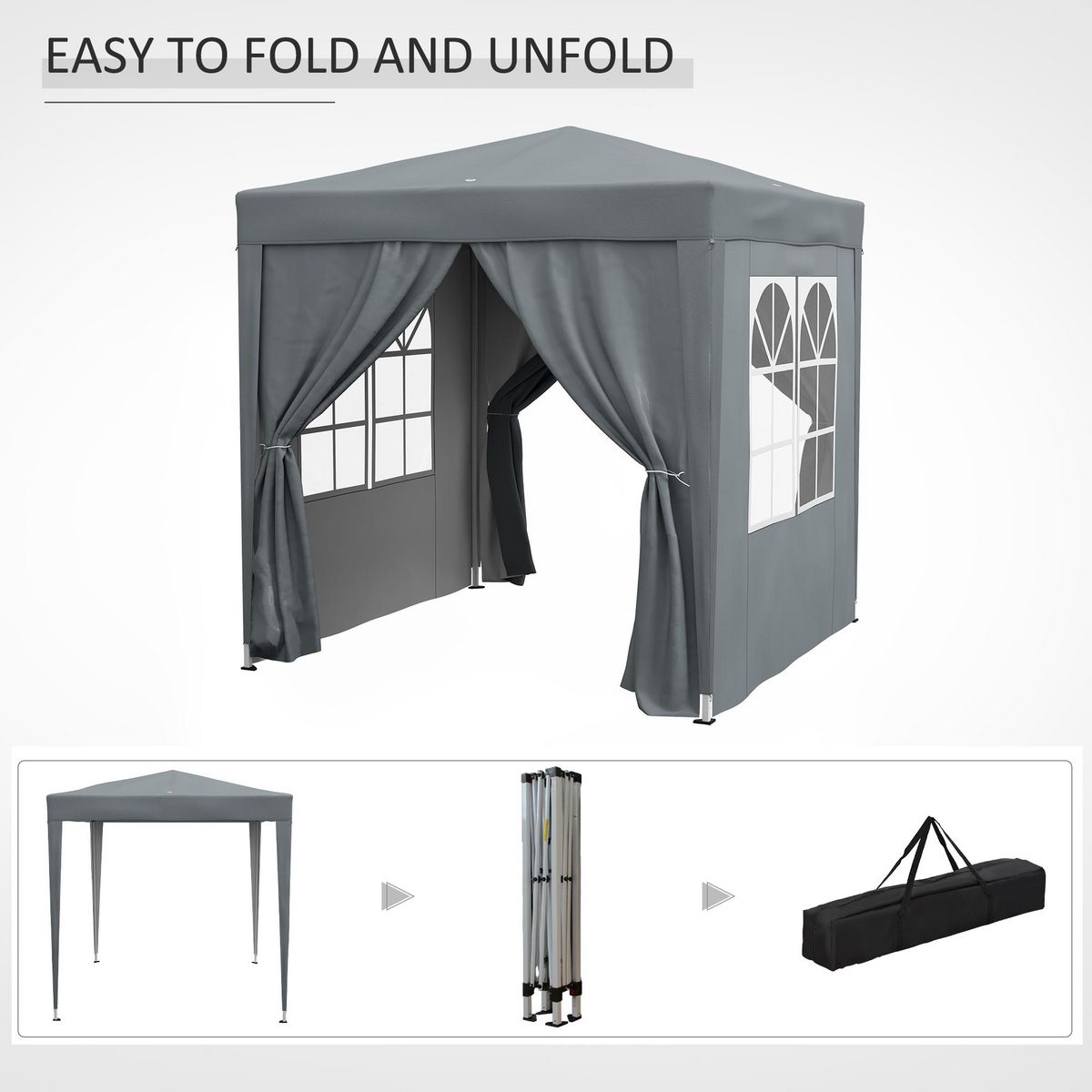 OUTSUNNY Tonnelle de jardin tente pliante barnum pop-up 2 x 2 m 4 parois latérales amovibles 2 fenêtres sac de transport gris