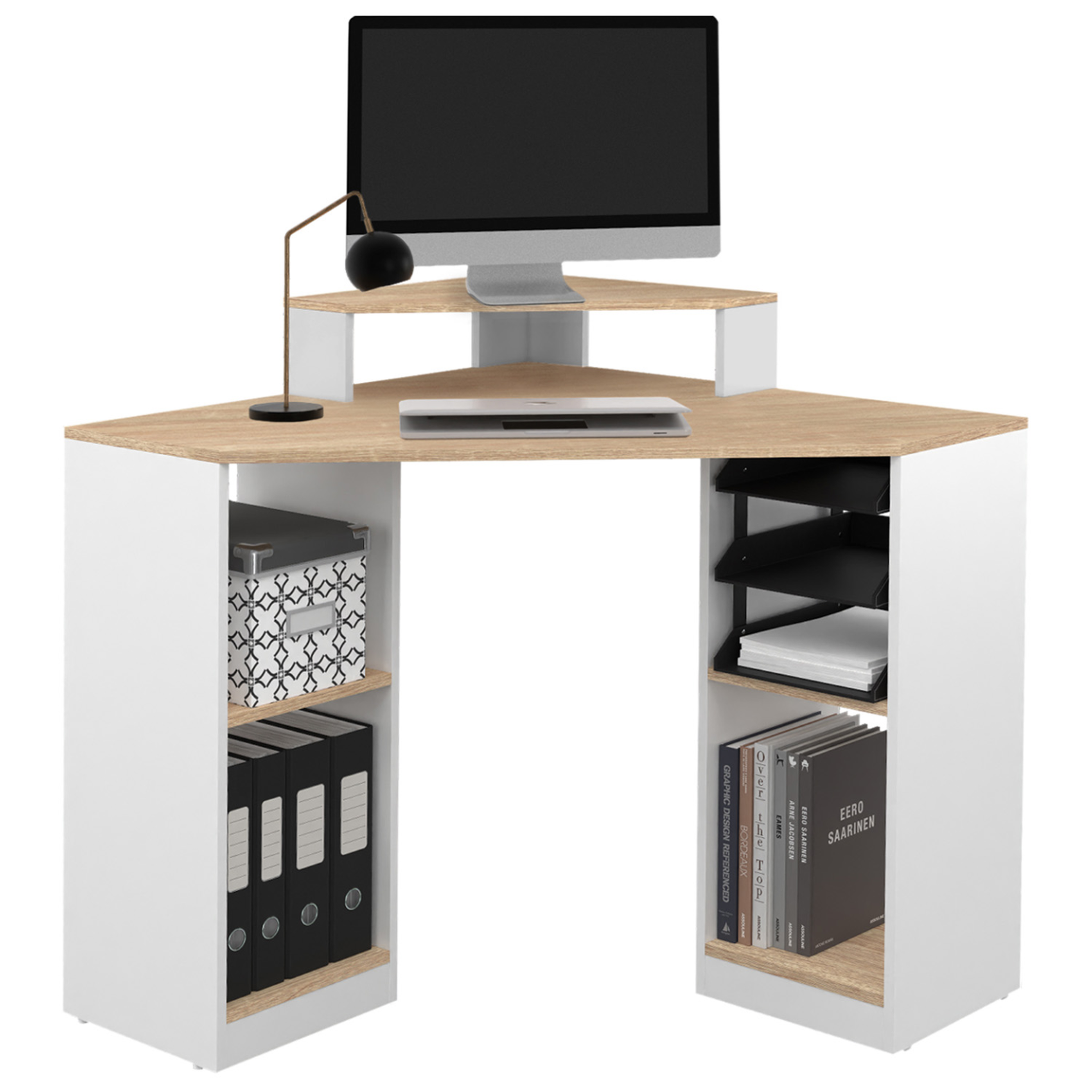 ID MARKET Bureau d'angle harry blanc et façon hêtre gain de place bureau informatique avec rangements
