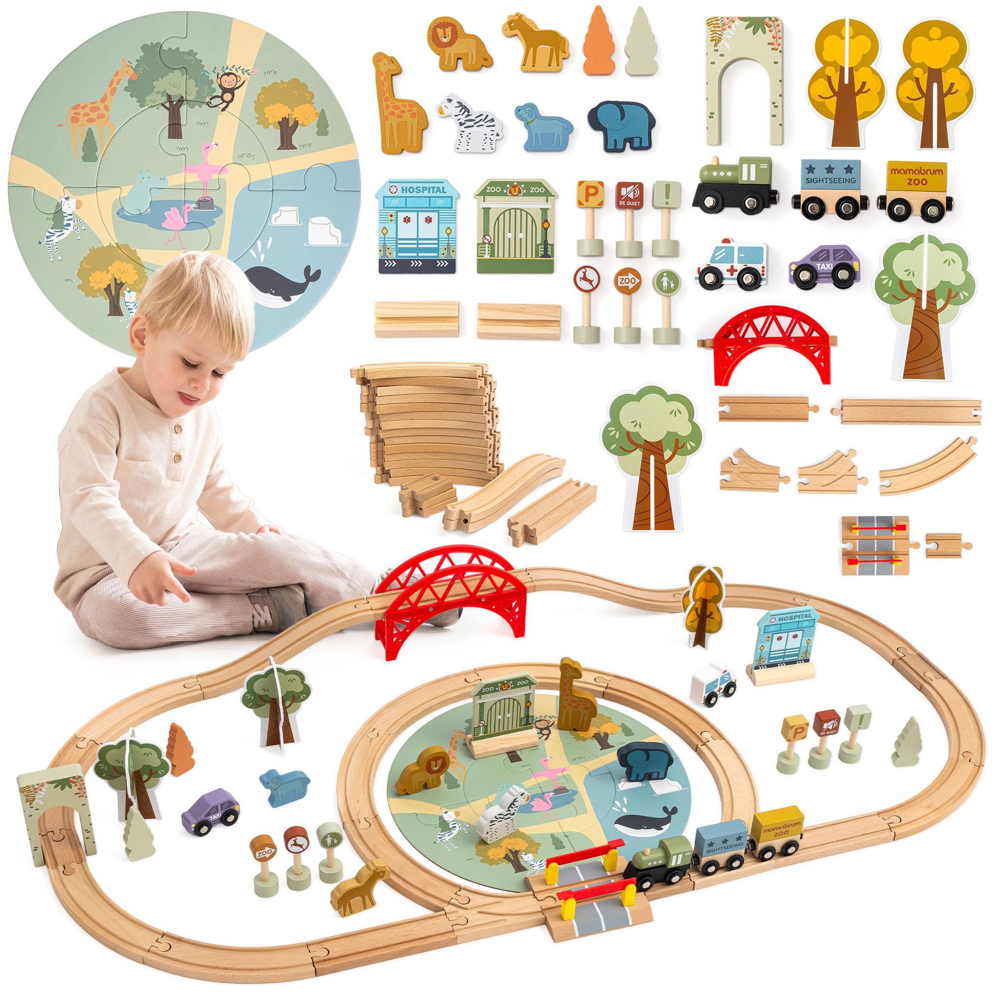 MAMABRUM Circuit Train Bois Enfant Mamabrum Rail Zoo Safari Puzzle 106x55 cm Jouet 3 Ans