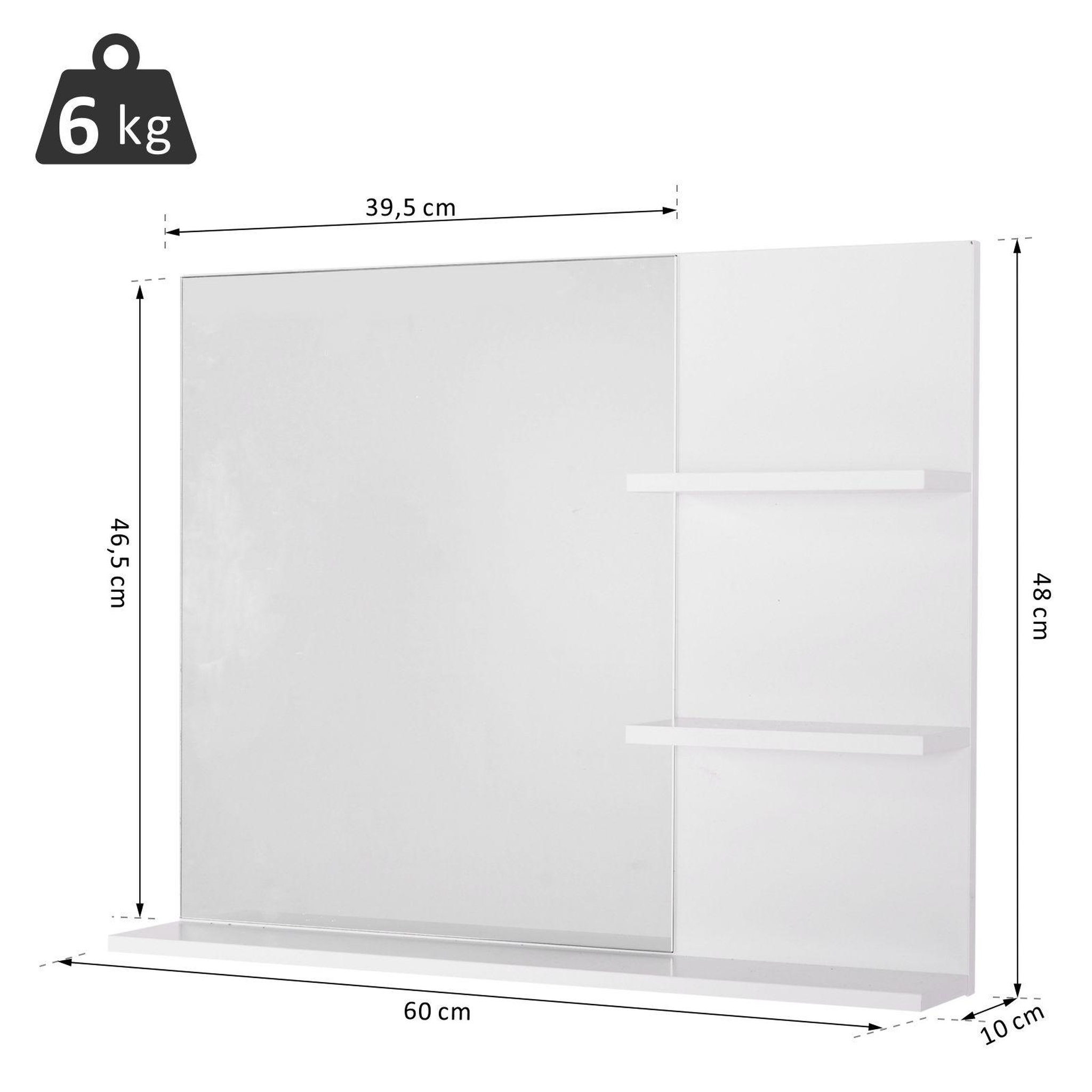 Voir la diapositive 3 : HOMCOM Miroir de salle de bain avec étagères - 2 étagères latérales + grande étagère inférieure - kit installation fourni - mdf blanc