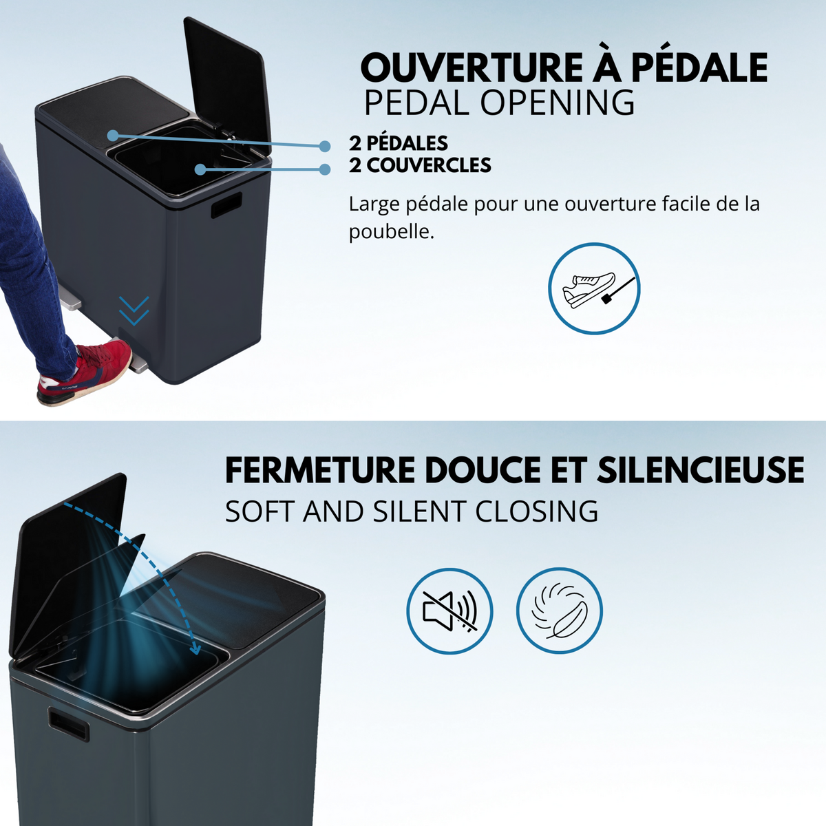 Kitchen move Poubelle de cuisine tri sélectif MAJOR Gris Acier inoxydable 60L