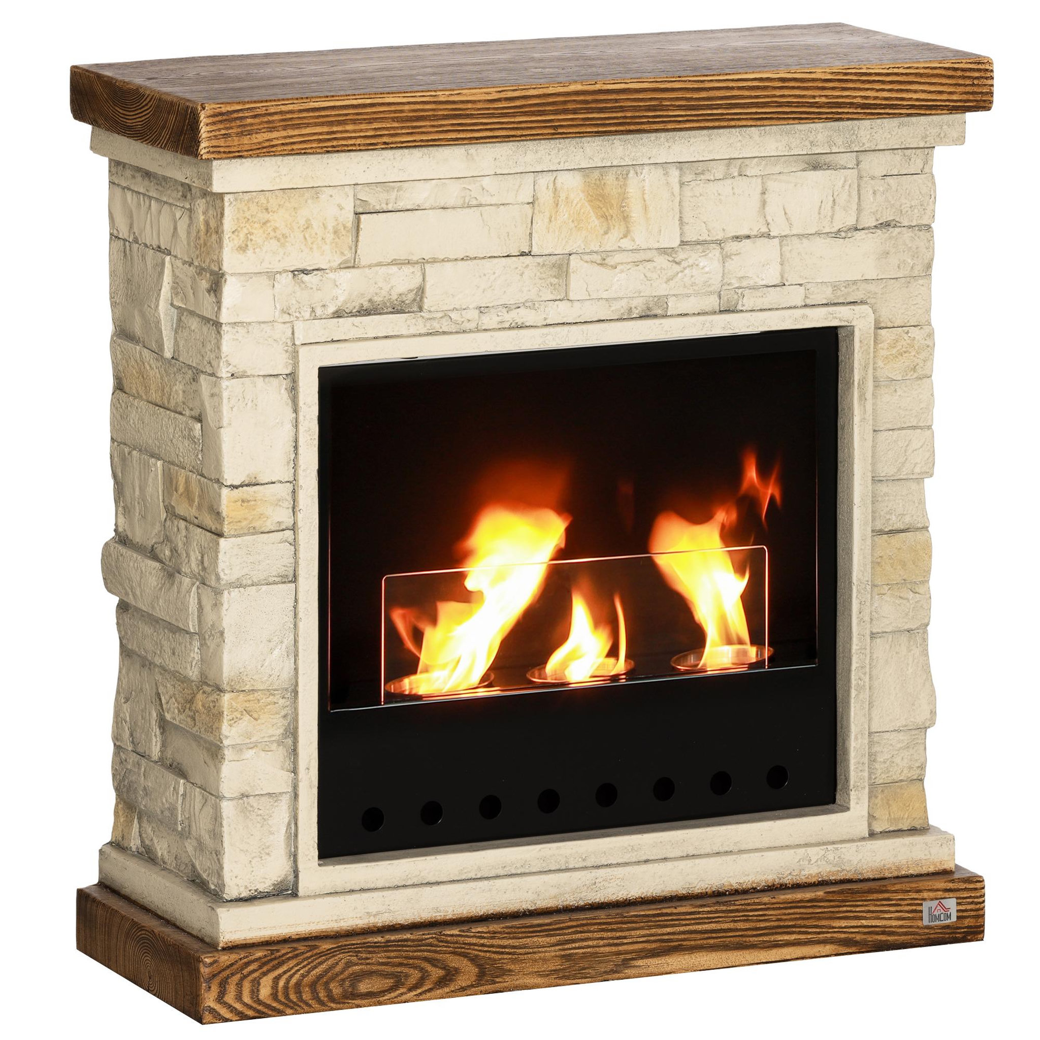 Voir la diapositive 1 : HOMCOM Cheminée bioéthanol - brûleur 400ml, combustion 3h, couverture 16-18 m² - verre trempé protection - marron