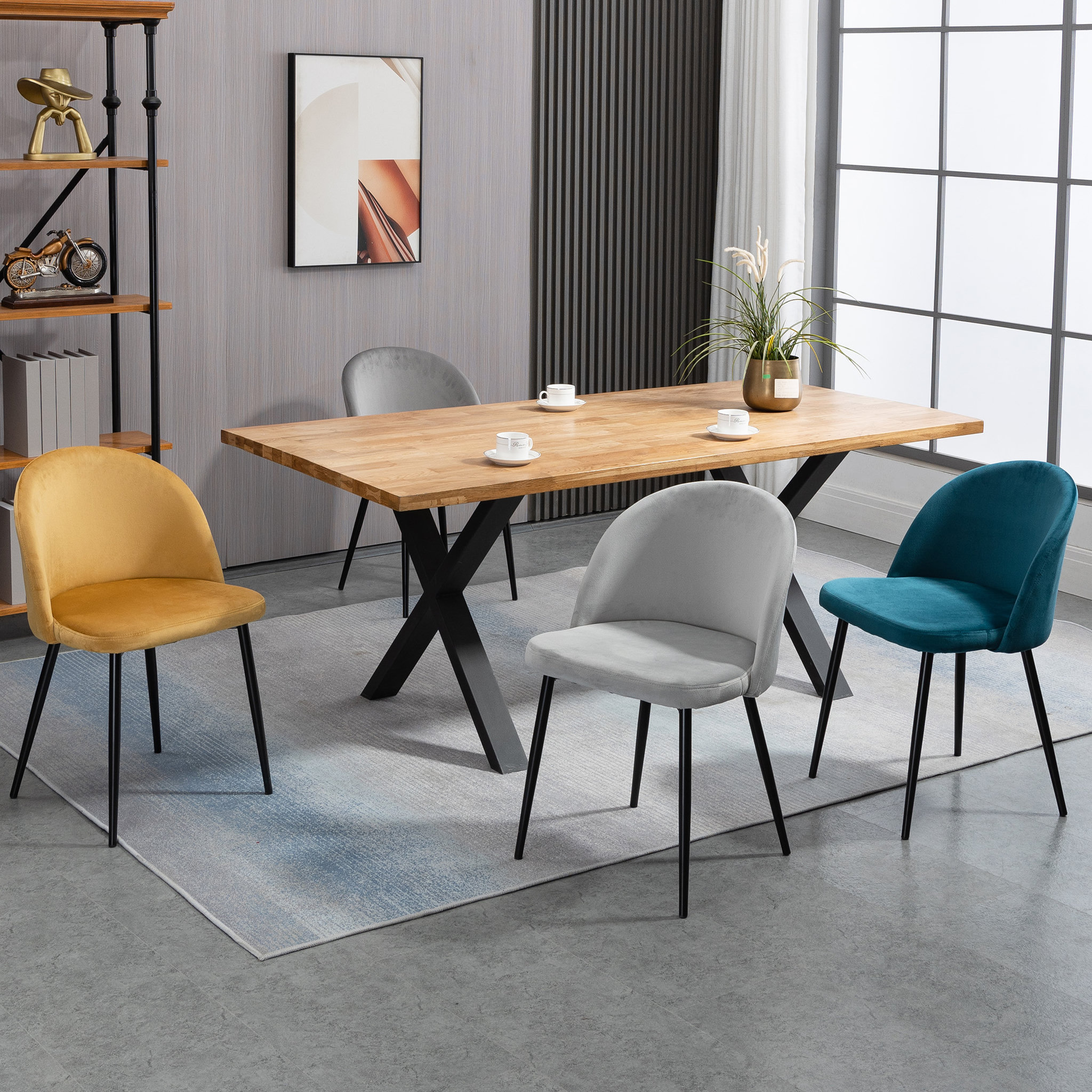 Voir la diapositive 2 : HOMCOM Chaises de visiteur design scandinave - lot de 4 chaises - velours gris bleu canard moutarde
