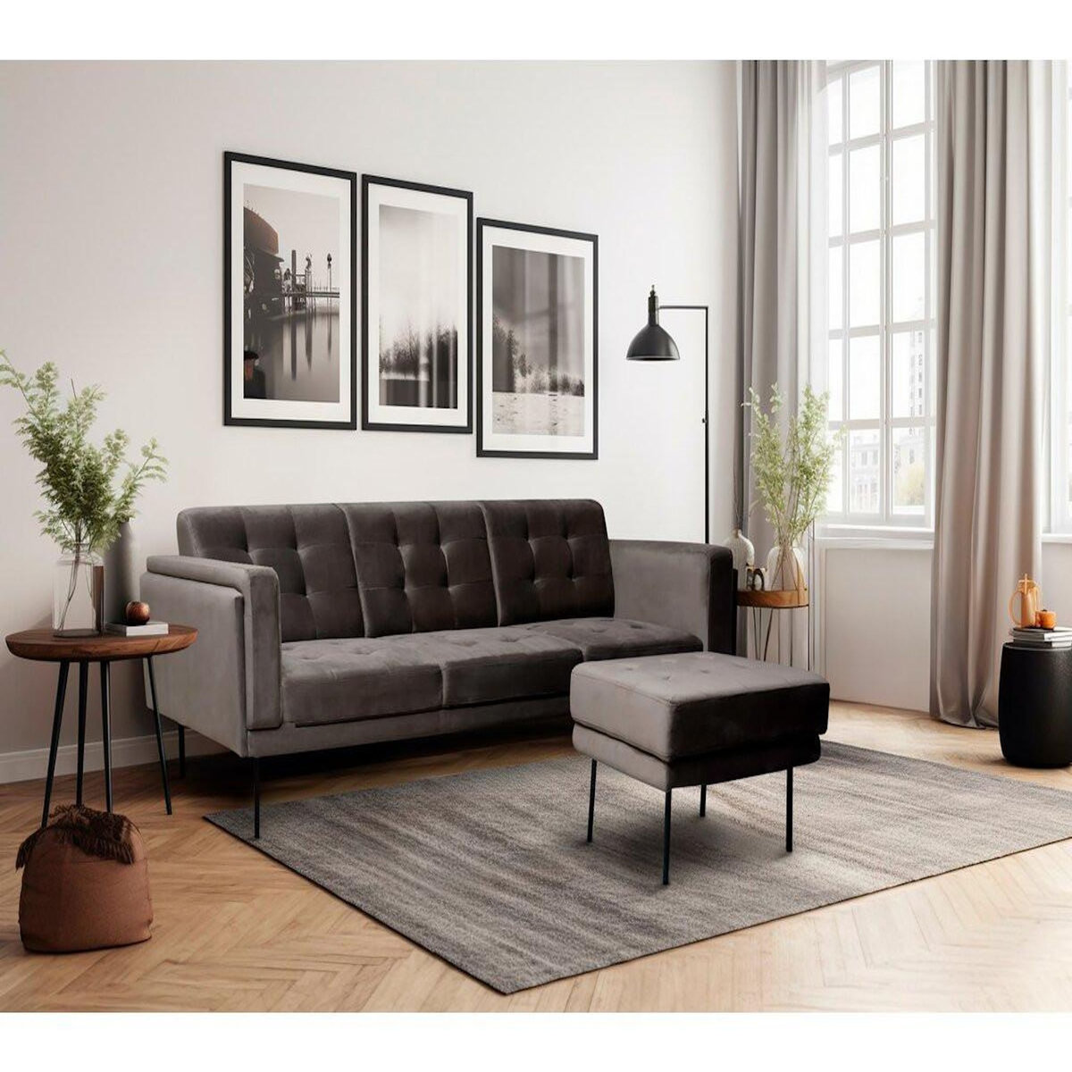 Habitat et Jardin Canapé d'angle reversible en velours  Noé  - 3 places - Gris