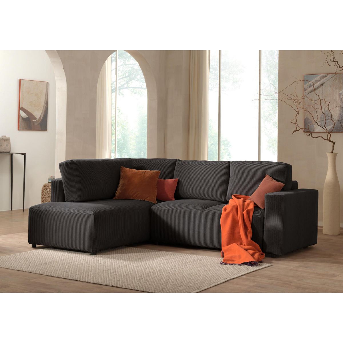 LISA DESIGN Livy - canapé d'angle convertible - avec coffre - en velours côtelé - 5 places - gauche