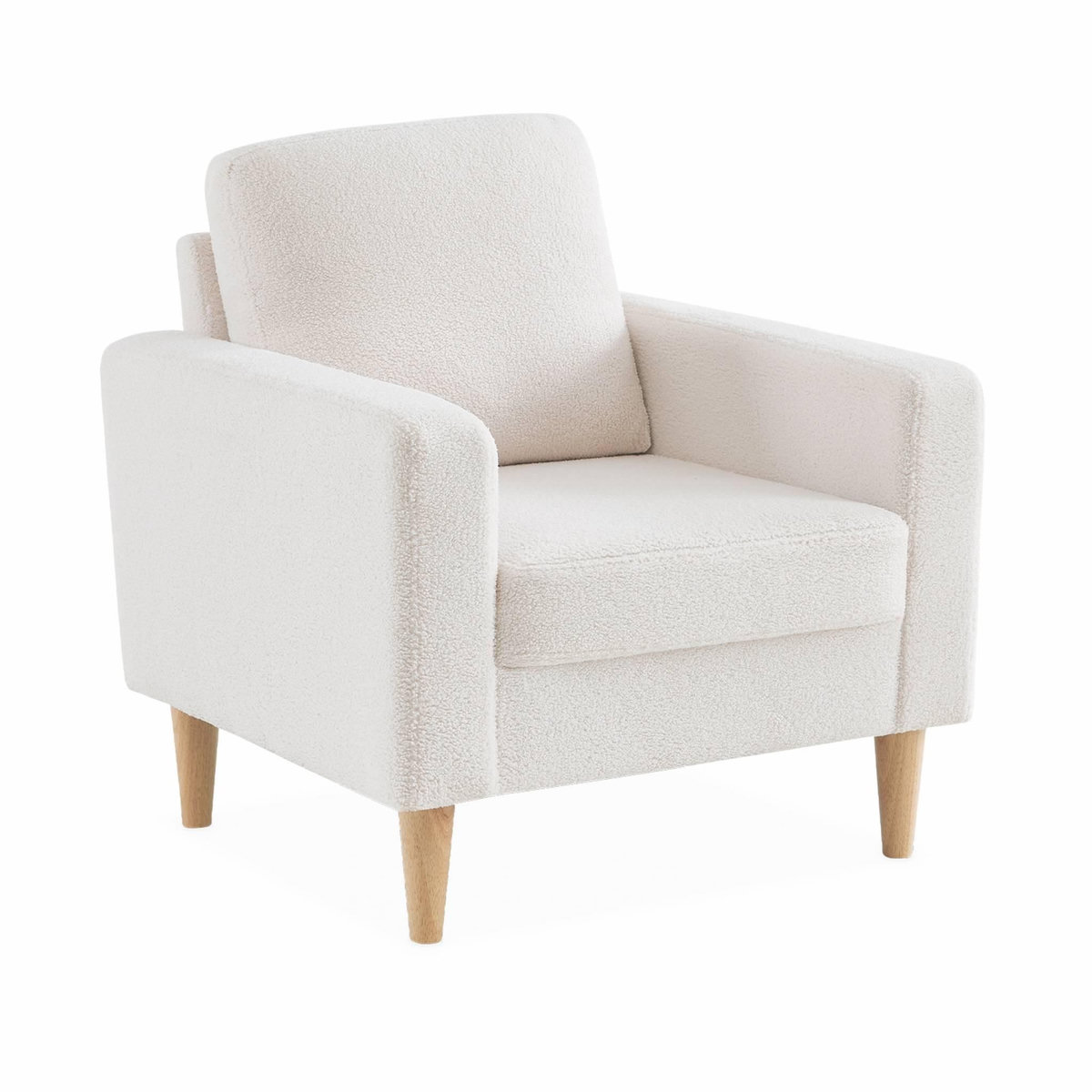 SWEEEK Fauteuil à bouclettes blanc cassé. scandinave  - Bjorn - Canapé 1 place fixe droit pieds bois