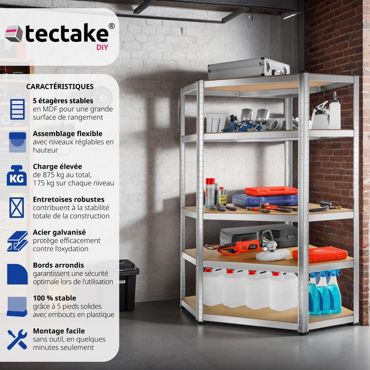 tectake Étagère pour charges lourdes structure en acier galvanisé argent 180 x 89,5 x 89,5 cm, 875 kg