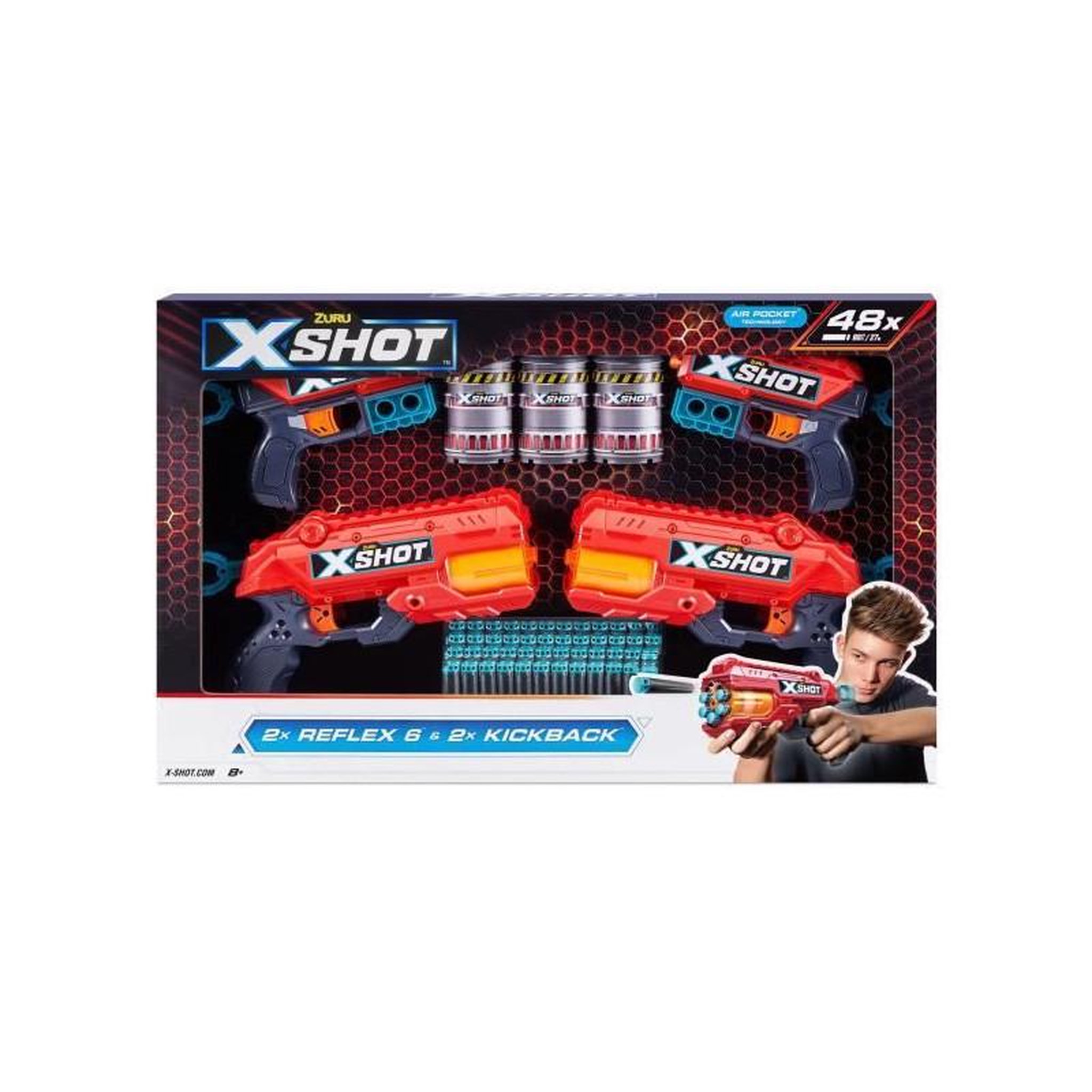 Voir la diapositive 2 : ZURU Pack Blasters - ZURU - Combo Pack 2 Kickback + 2 Reflex 6 - Blasters puissants avec tir a 27 metres et canon rotatif