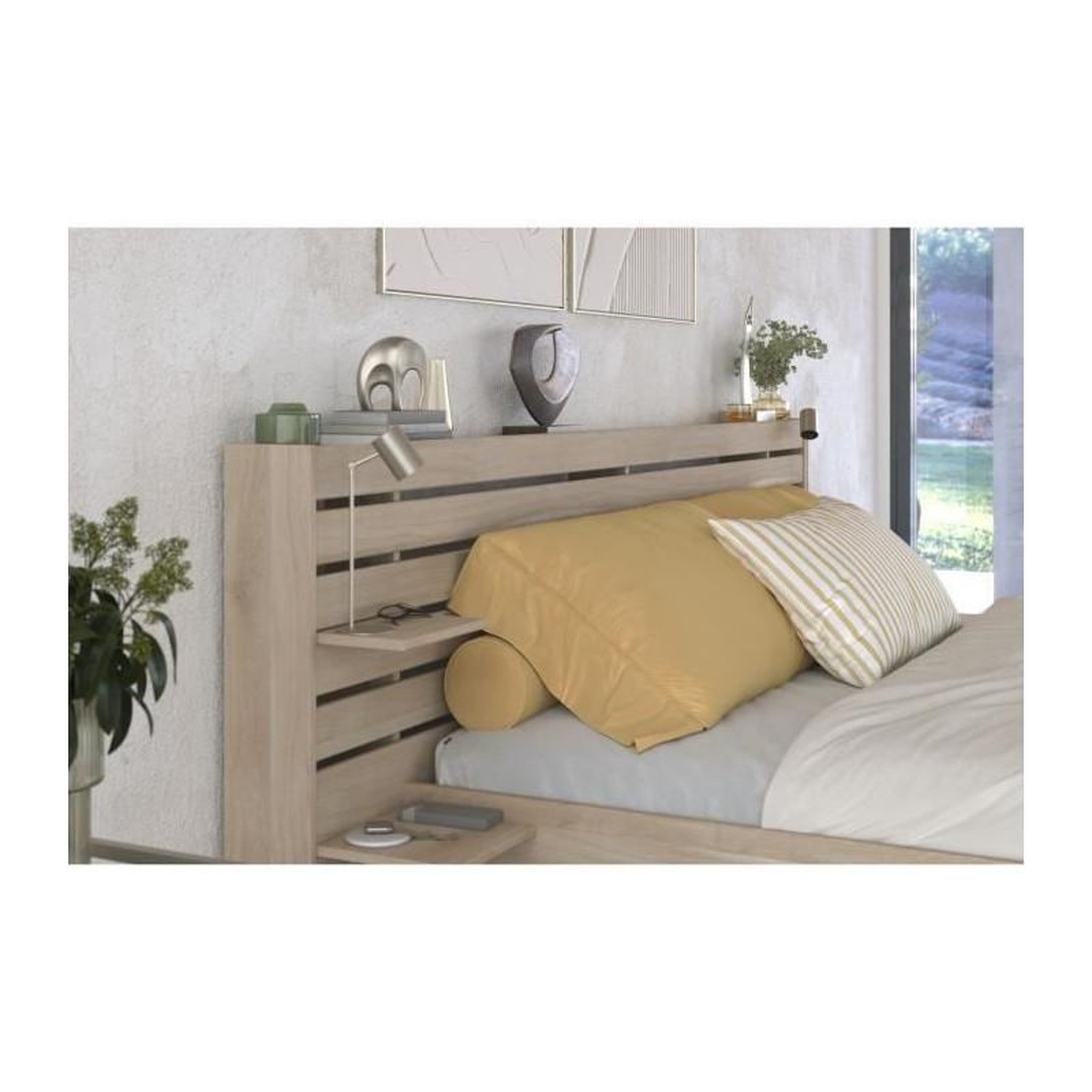 Voir la diapositive 5 : PARISOT Lit adulte ESCALE 180x200 cm - Décor chene du Japon - 2 tiroirs + Tete de lit - L235.4 x H98,2 x P216,8 cm - Fabriqué en Franc