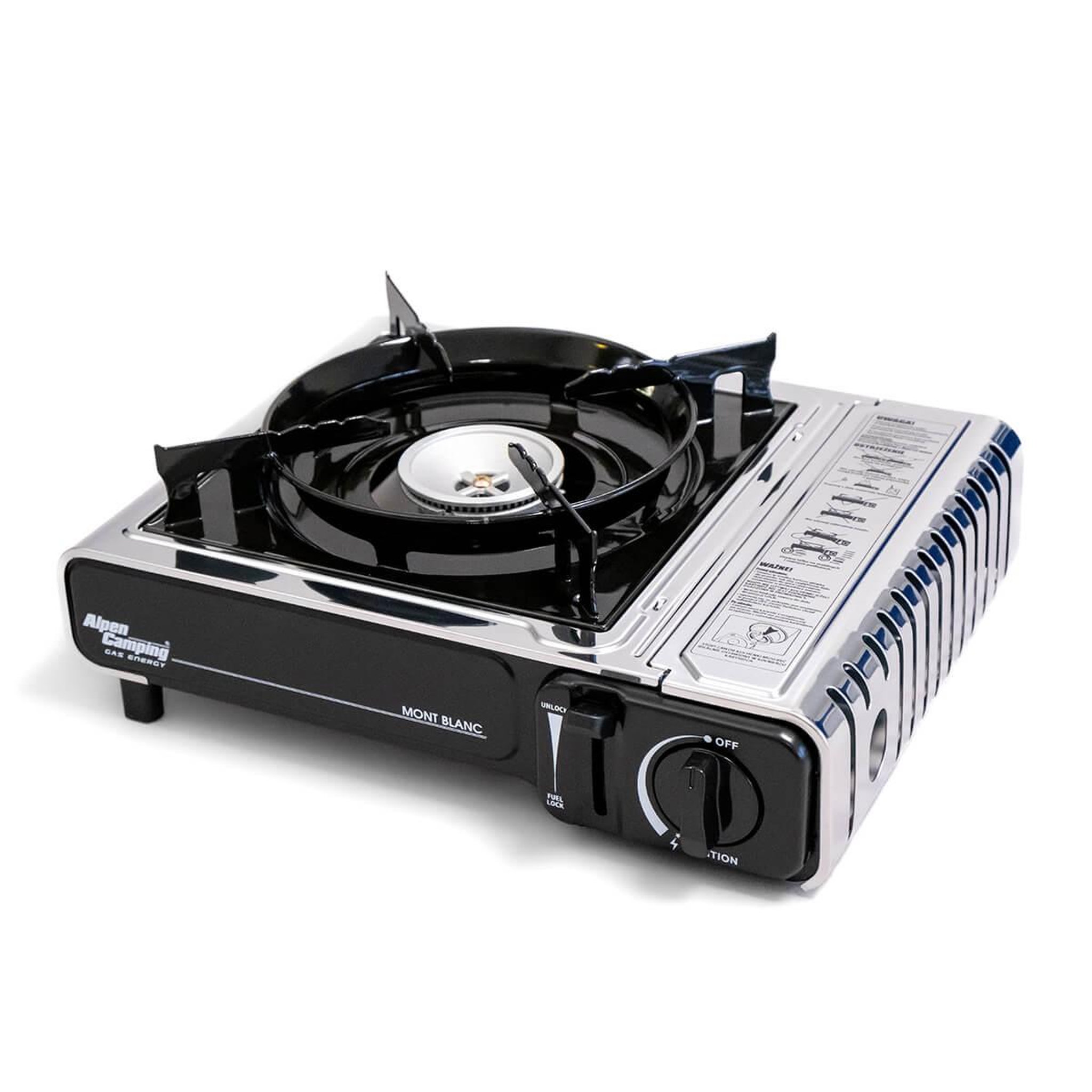 Voir la diapositive 3 : ALPENTECH Réchaud à gaz INOX 2200W MONT BLANC + 8 Cartouches de gaz Camping ALPEN
