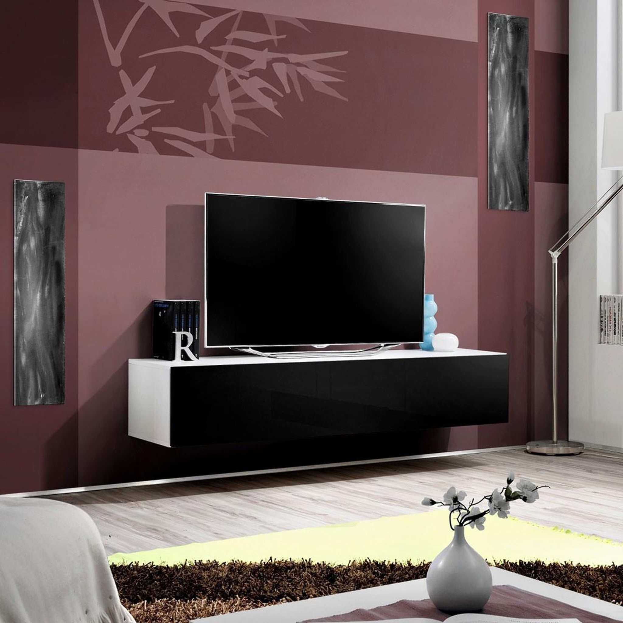 Voir la diapositive 2 : Paris Prix Meuble tv mural design  fly a2  160cm noir & blanc