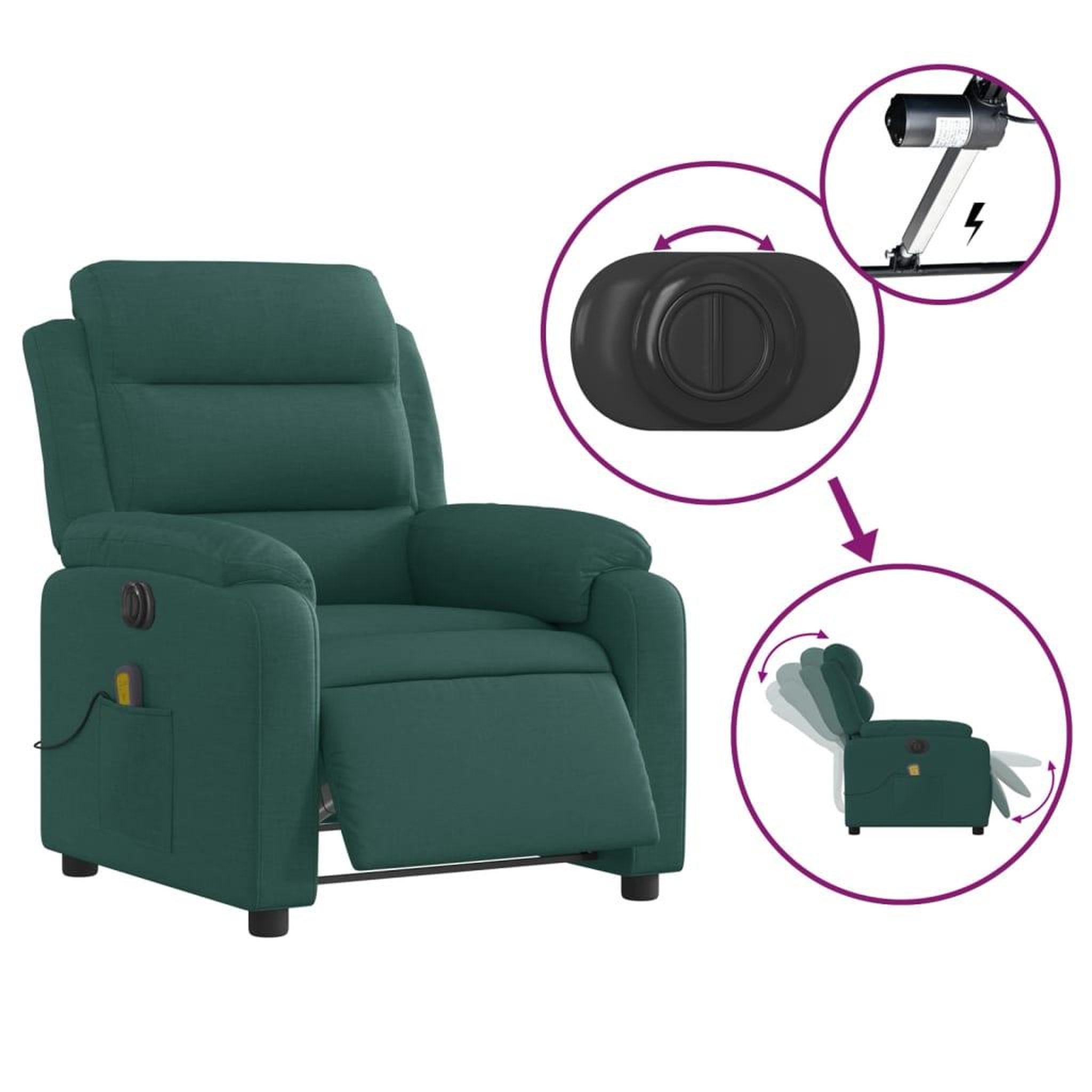 Voir la diapositive 5 : VIDAXL Fauteuil de massage inclinable electrique Vert fonce Tissu