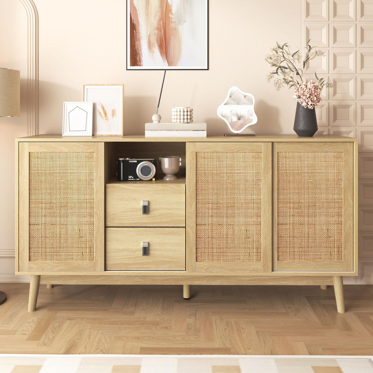 MERAX Buffet 3 porte(s) 2 tiroir(s) - 155 cm bois clair mdf