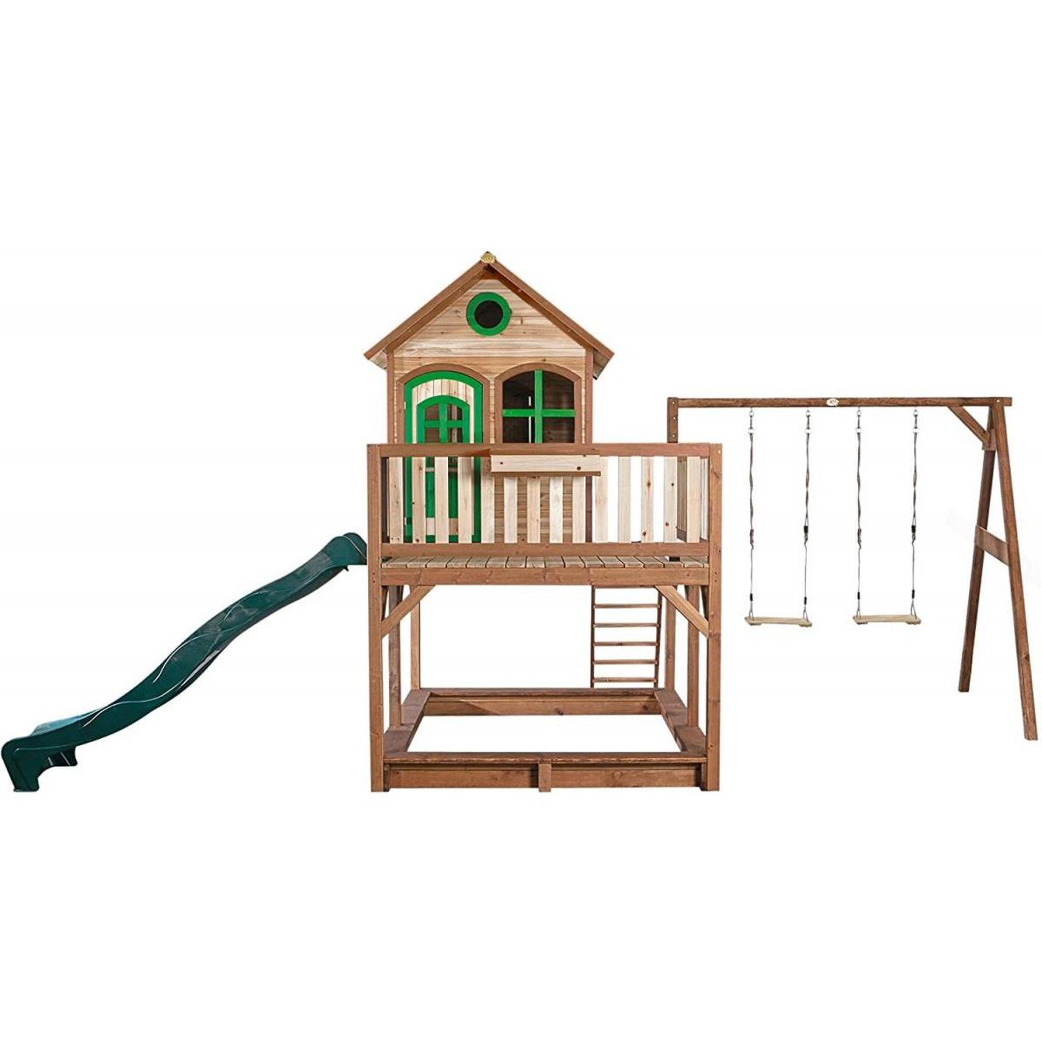 Voir la diapositive 2 : Axi House Axi Maisonnette LIAM Brun Vert avec 2 balancoires toboggan et bac à sable