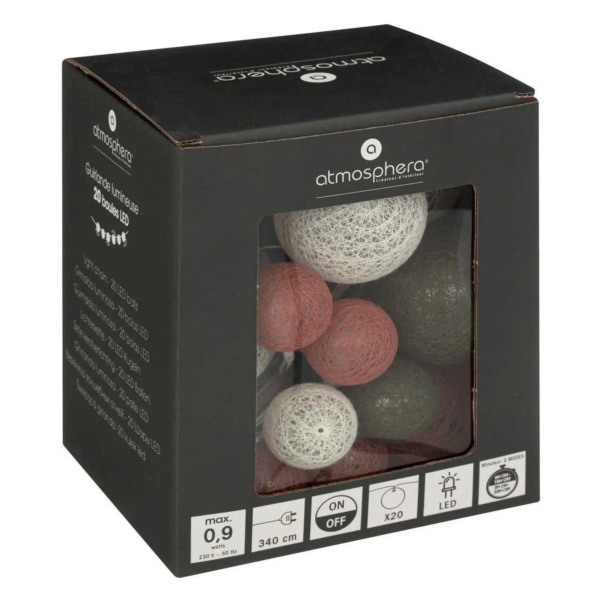 Voir la diapositive 4 : ATMOSPHERA Guirlande lumineuse 20 boules  led  340cm rose