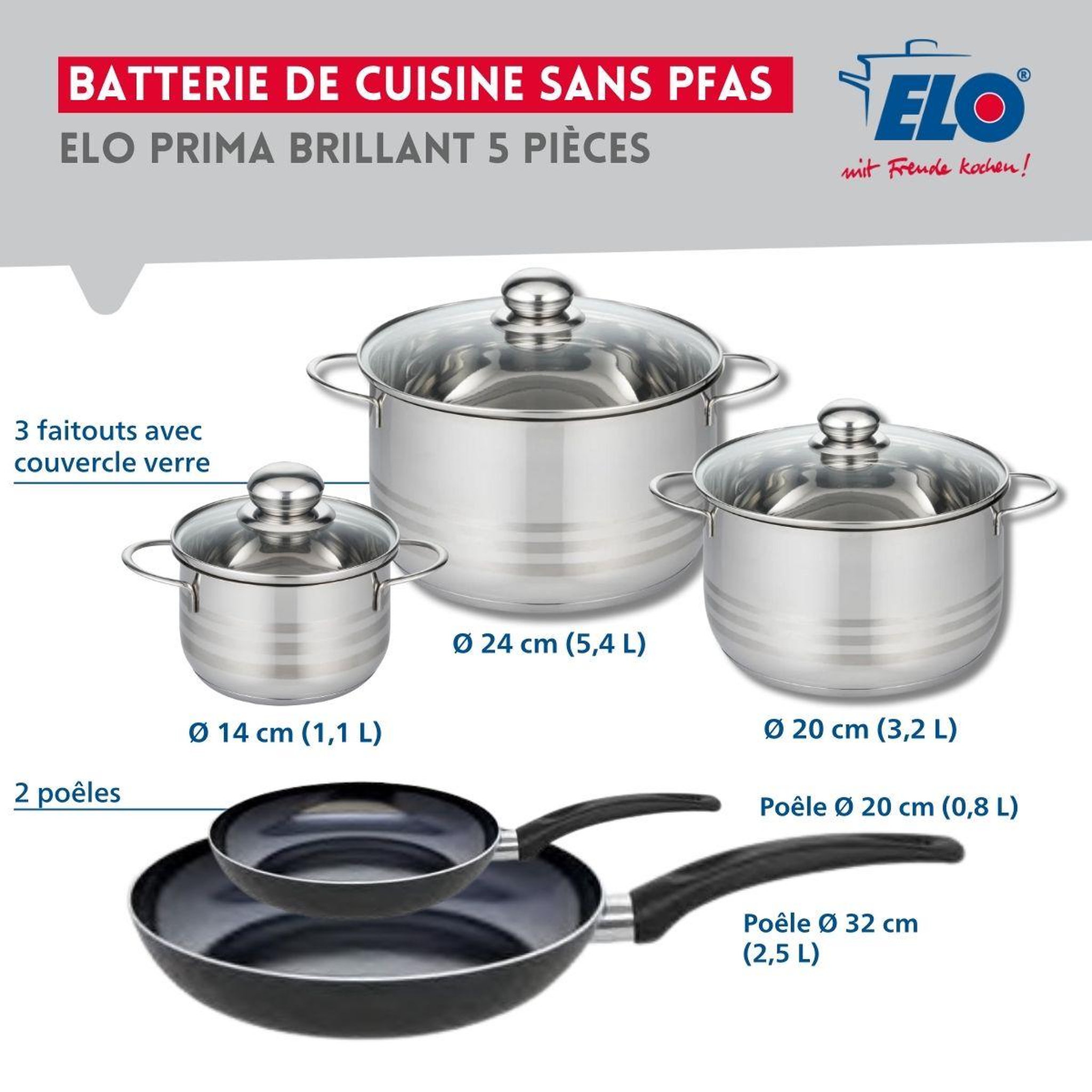 Voir la diapositive 2 : ELO Ensemble de 2 poêles de cuisson 20 et 32 cm et 3 faitouts 14, 20 et 24 cm elo prima brillant