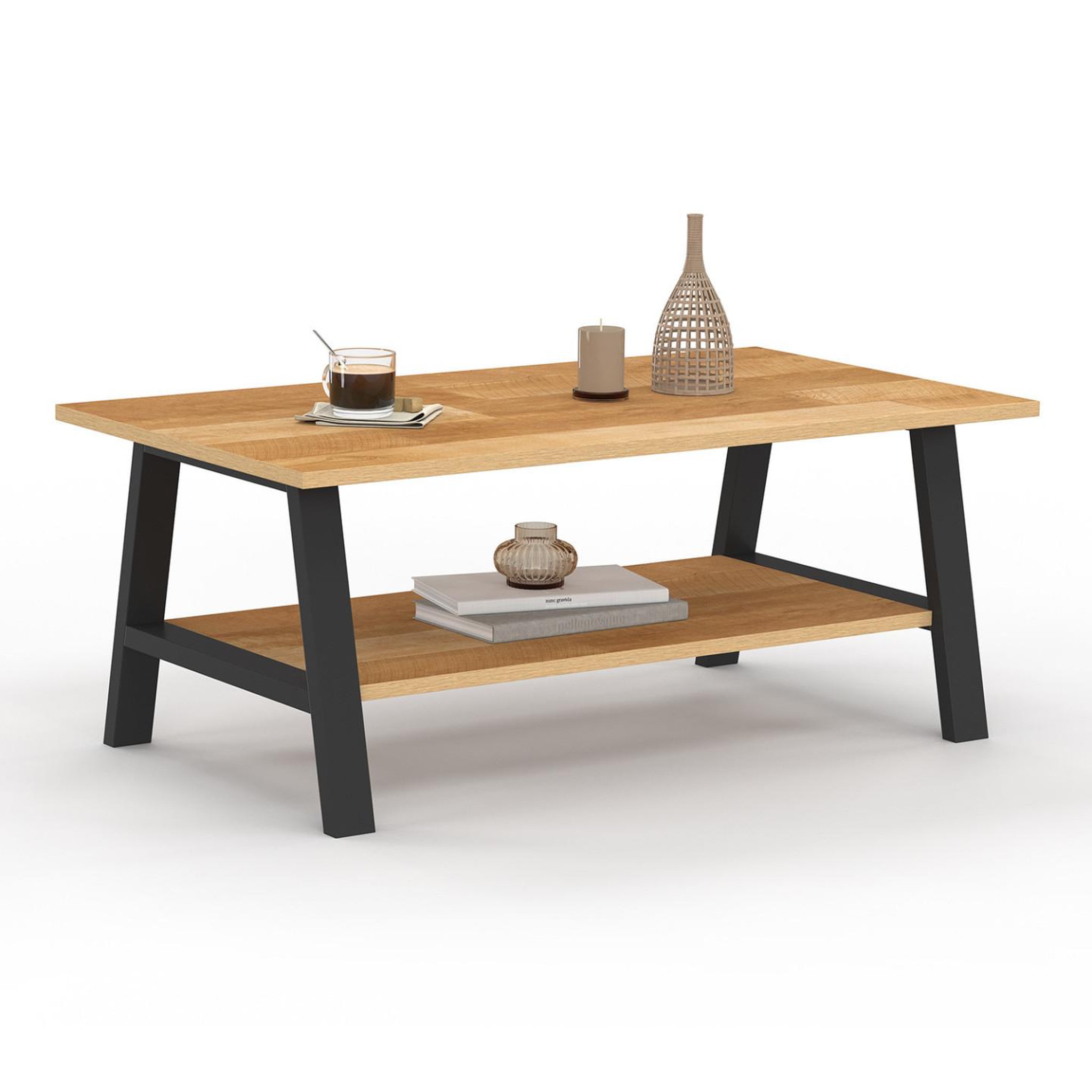 ID MARKET Table basse rectangulaire madeleine 100 cm double plateau bois et noir