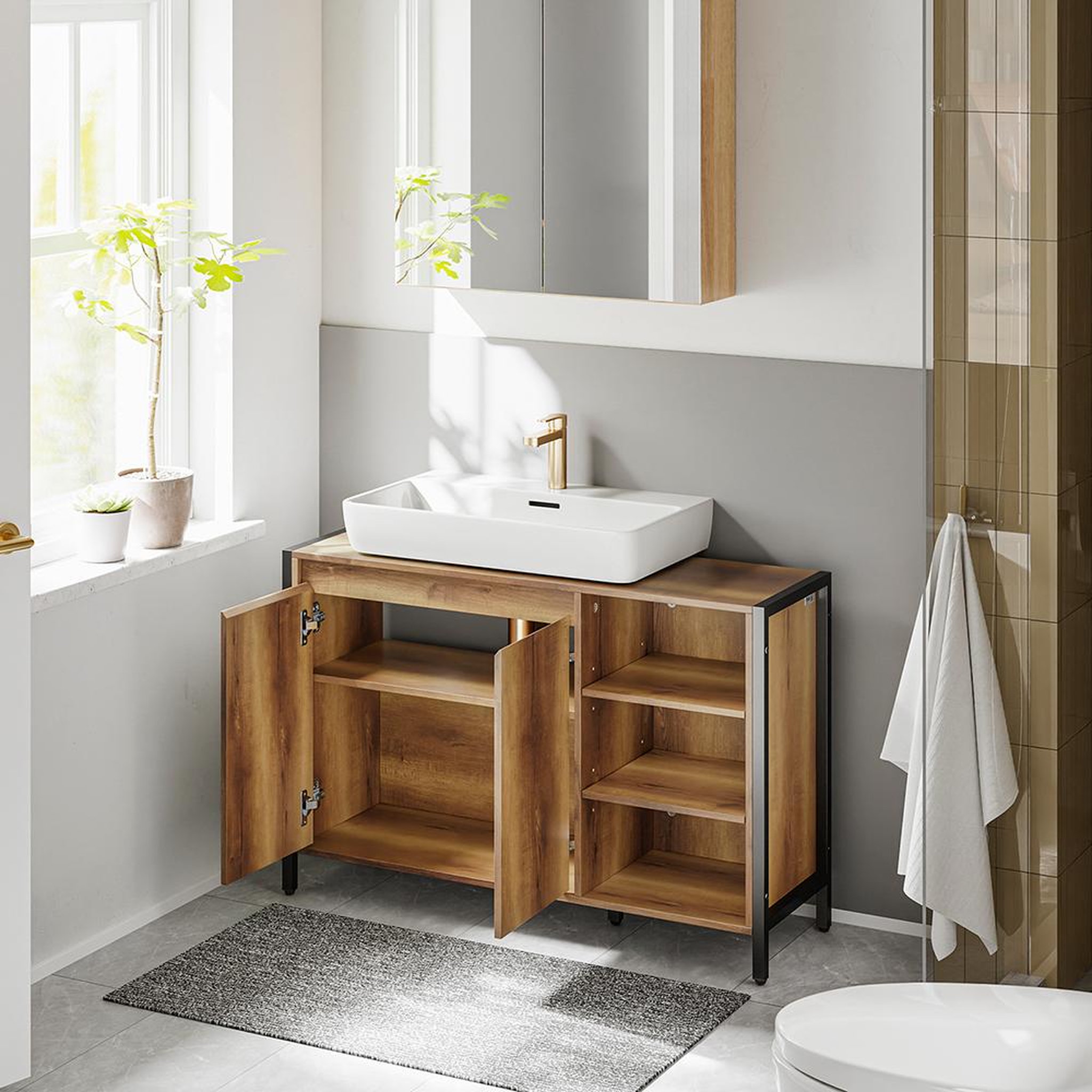 Voir la diapositive 5 : SOBUY Meuble sous-lavabo avec étagères ouvertes Marron clair 90x30x60cm BZR63-L-PF