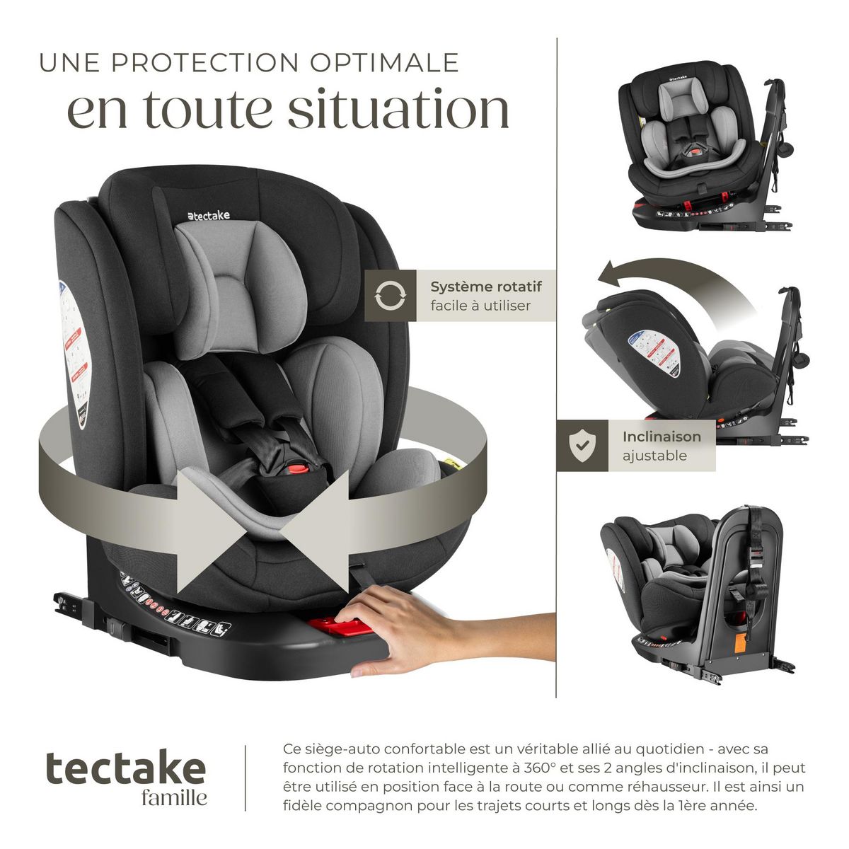 tectake Siège auto pivotant à 360° avec 2 angles d'inclinaison gris clair/noir