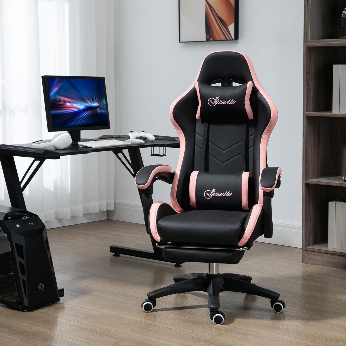 VINSETTO Chaise gaming - chaise de bureau gamer inclinable réglable repose-pieds rétractable coussins synthétique noir rose