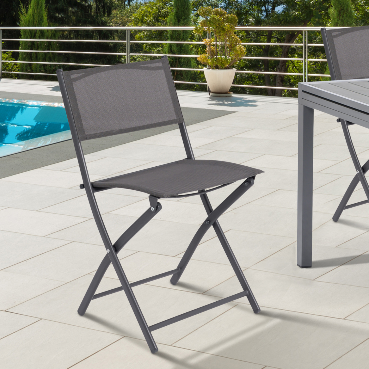 ID MARKET Lot de 6 chaises de jardin pliantes BASTIA métal et textilène gris anthracite