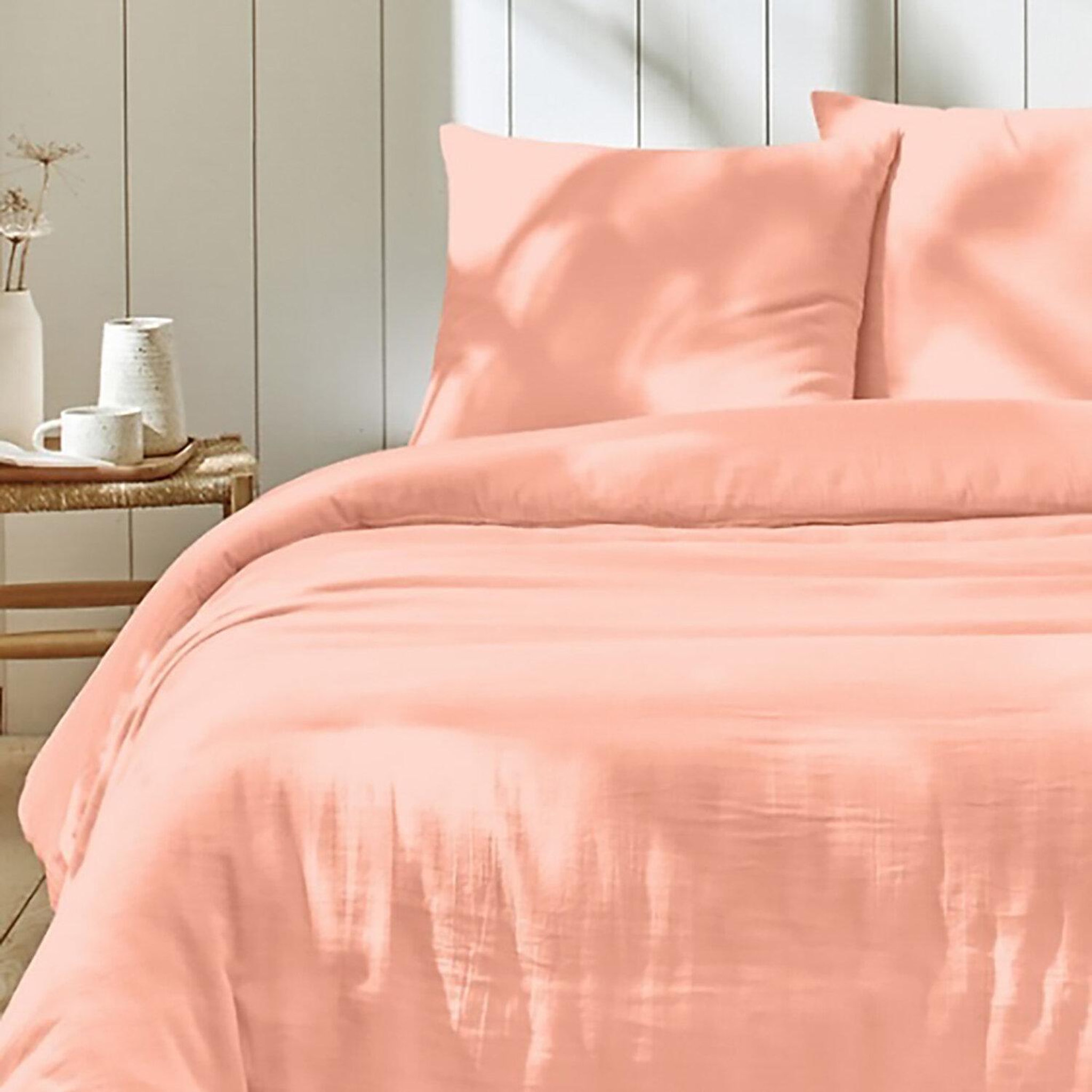 Voir la diapositive 5 : Home collection Parure housse de couette en gaze de coton - rose