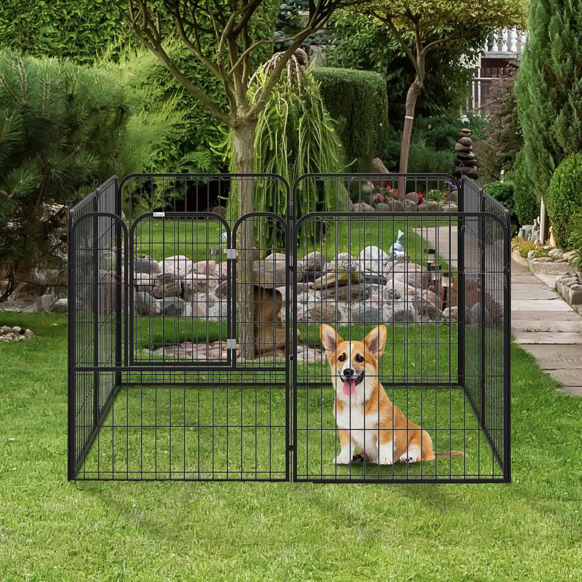 PAWHUT Luxe parc enclos modulable pour chien 8 panneaux porte verrouillable acier époxy noir
