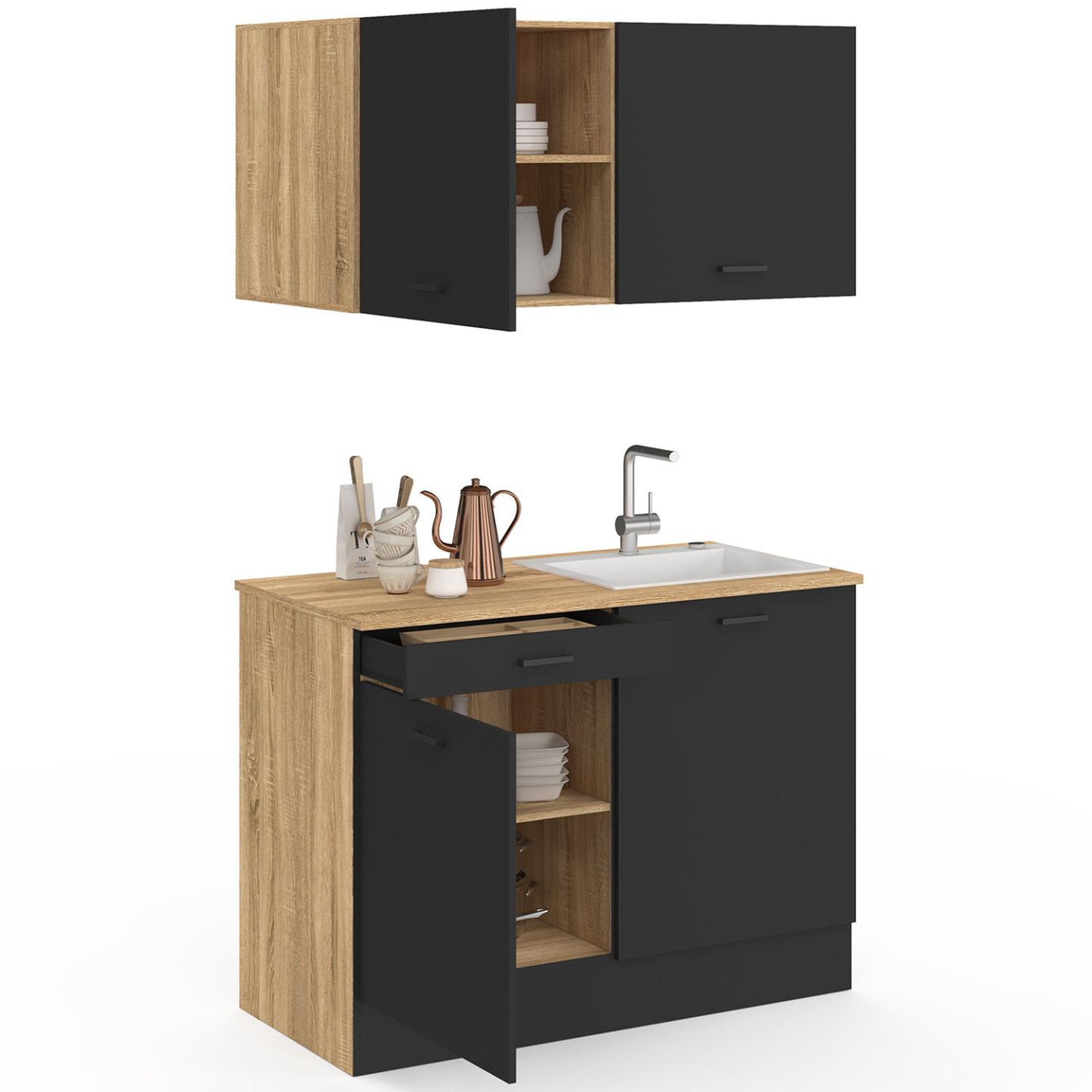 Voir la diapositive 4 : ID MARKET Cuisine complète kitchenette 120 cm stil avec plan de travail 3 éléments bois et noir