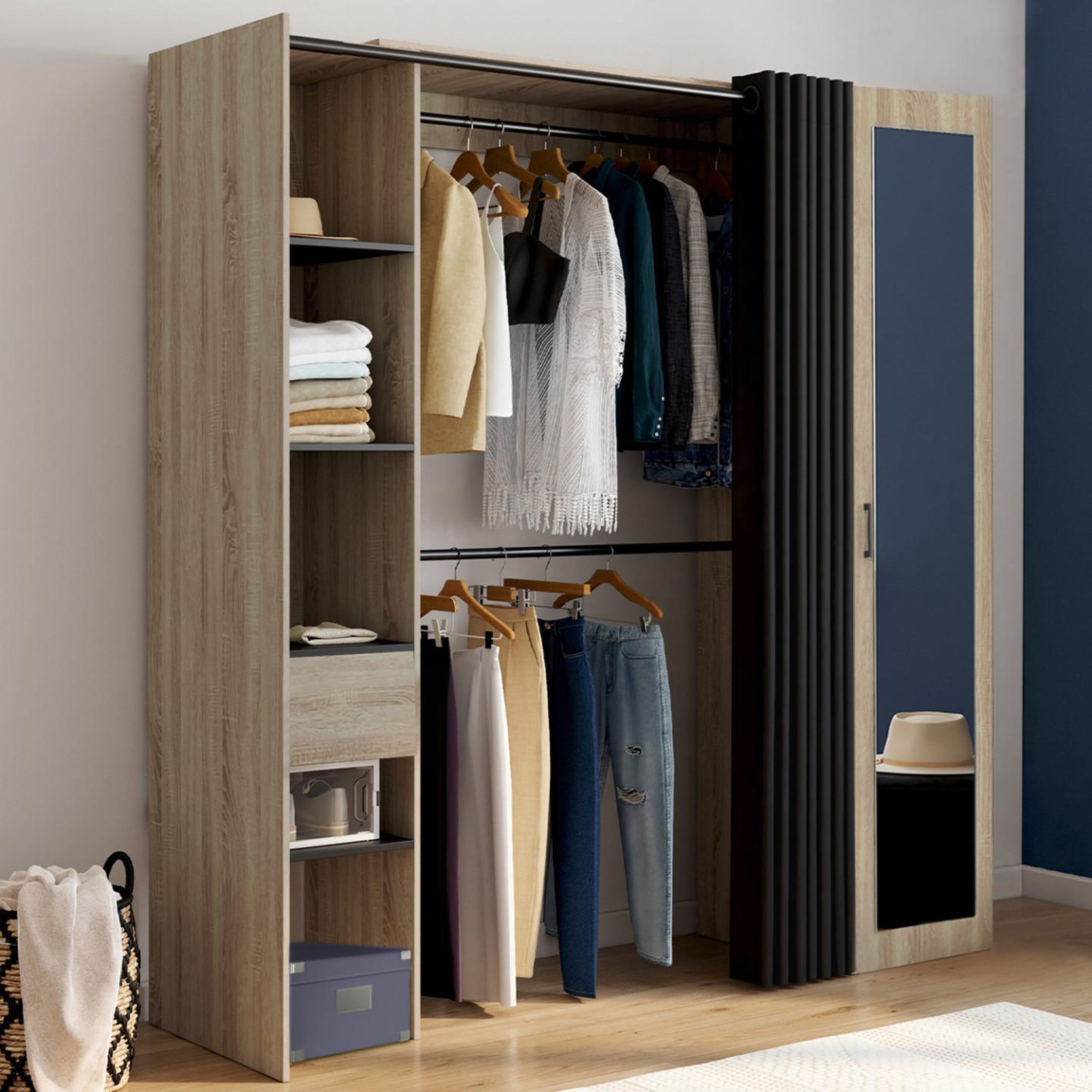 Voir la diapositive 2 : ID MARKET Dressing extensible MERYL 145/170 x 50 x 180 cm hêtre avec étagères + double penderie + miroir + rideau noir