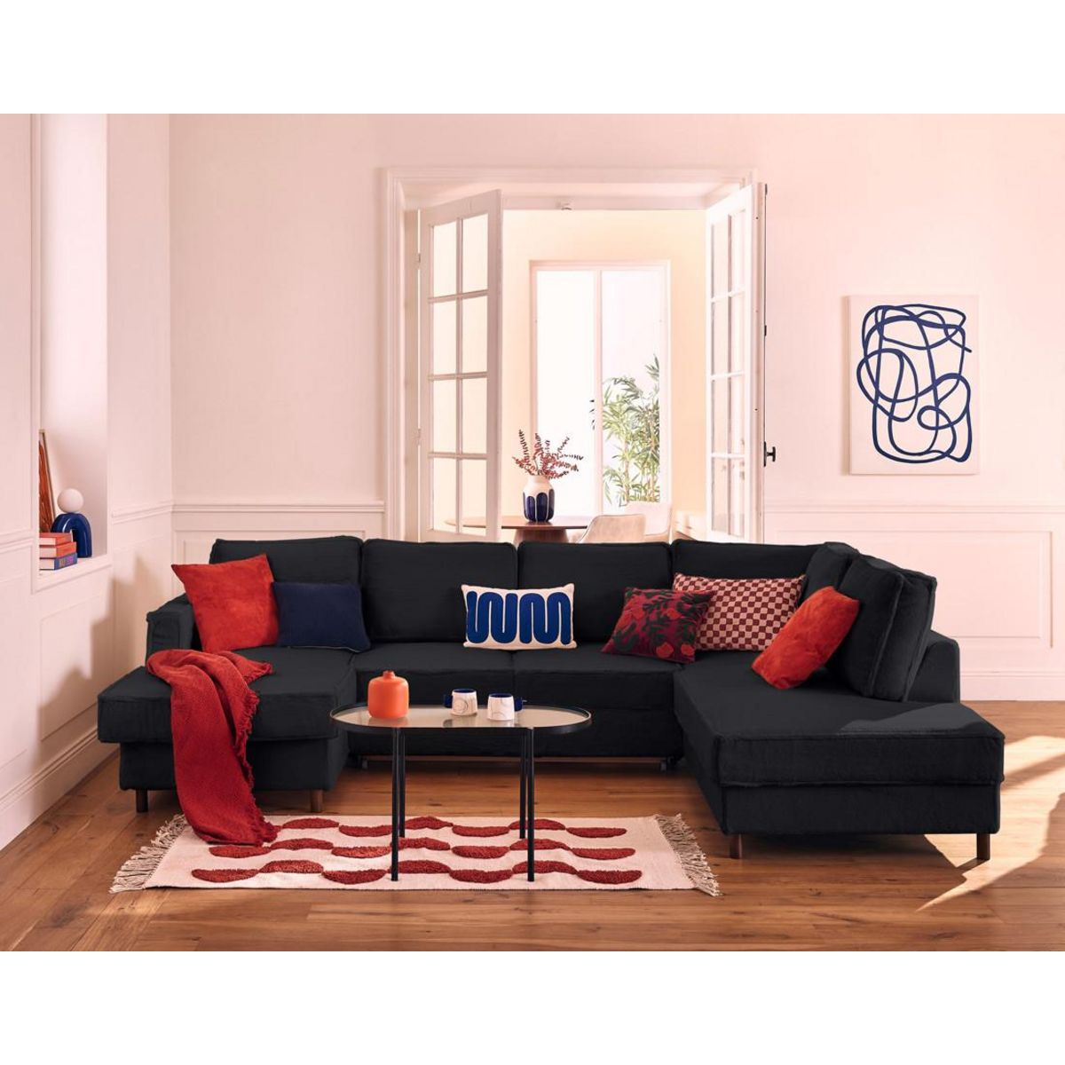 LISA DESIGN Jake - canapé panoramique d'angle droit 7 places convertible avec coffre en fausse fourrure