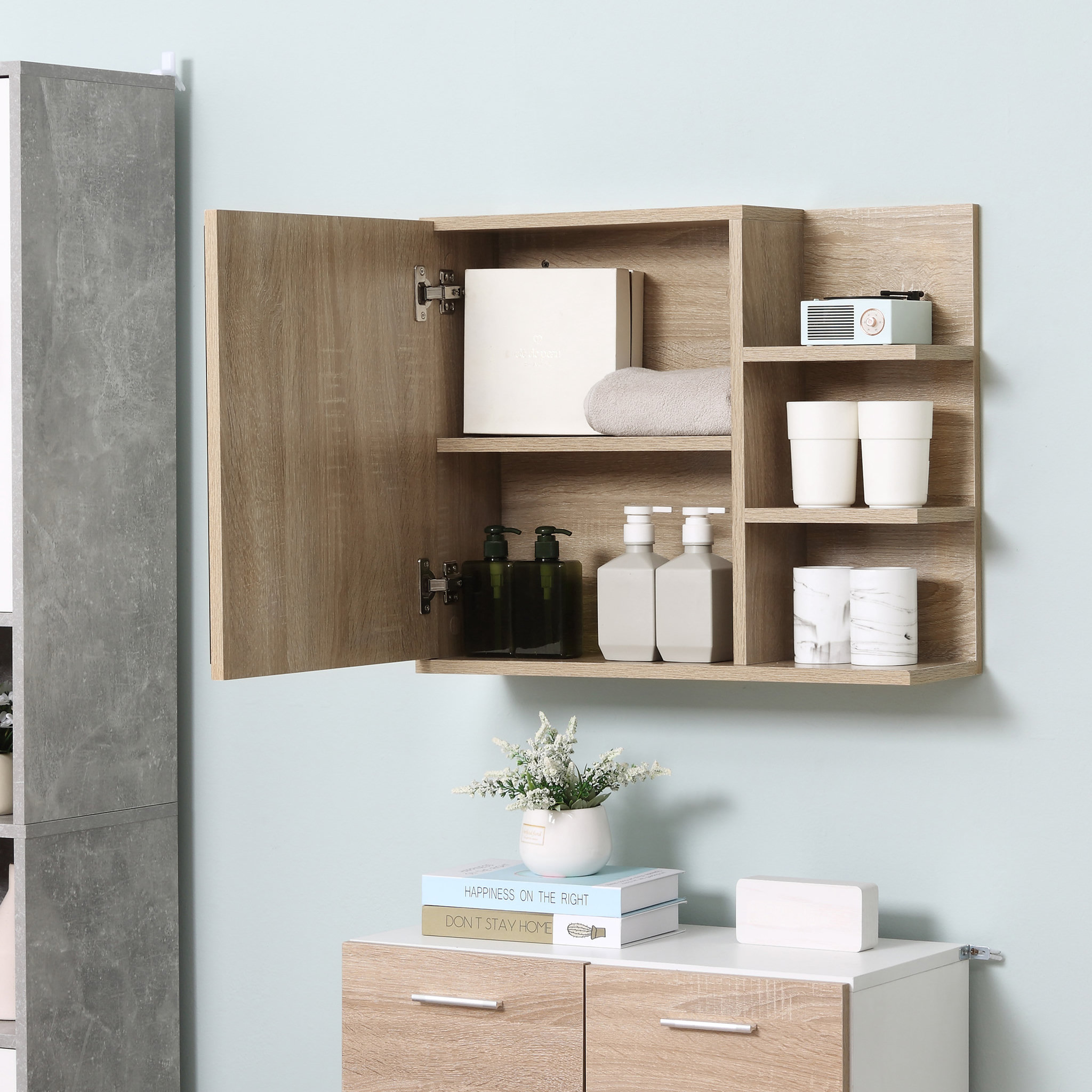 Voir la diapositive 4 : KLEANKIN Armoire miroir de salle de bain avec étagère - 3 étagères latérales - kit installation murale fourni - panneaux particules aspect chêne clair