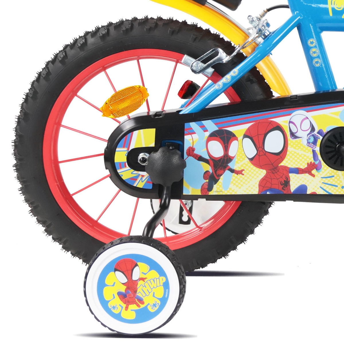 Marvel Vélo enfant 14'' SPIDEY (90 à 105cm) avec 2 freins, plaque avant décorative , bidon arrière, stabilisateurs & pneus gonflables.