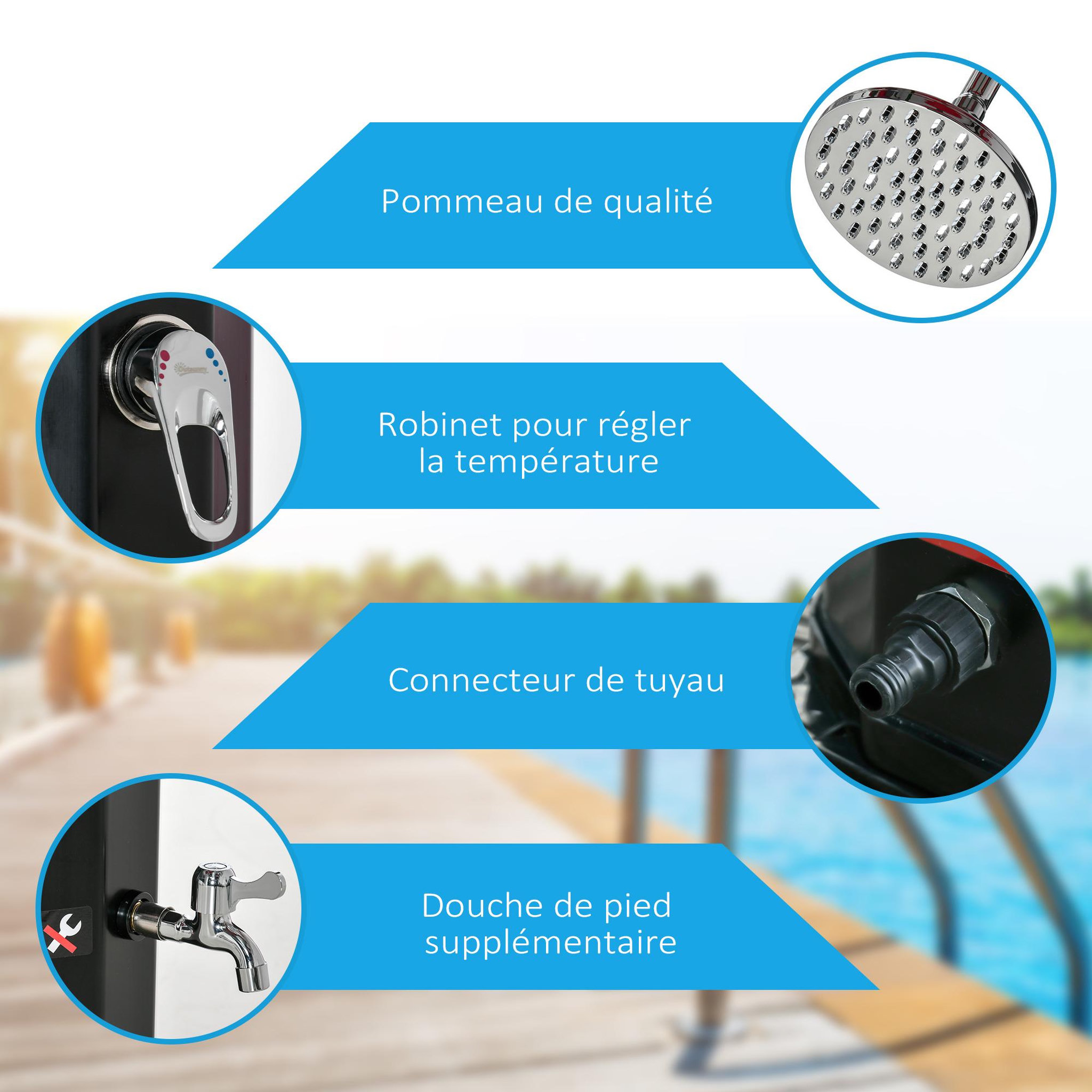 Voir la diapositive 5 : OUTSUNNY Douche solaire d'extérieur réservoir 35L pression max. 3,5 bar - mitigeur, grand pommeau orientable, robinet à pieds - PVC ABS noir