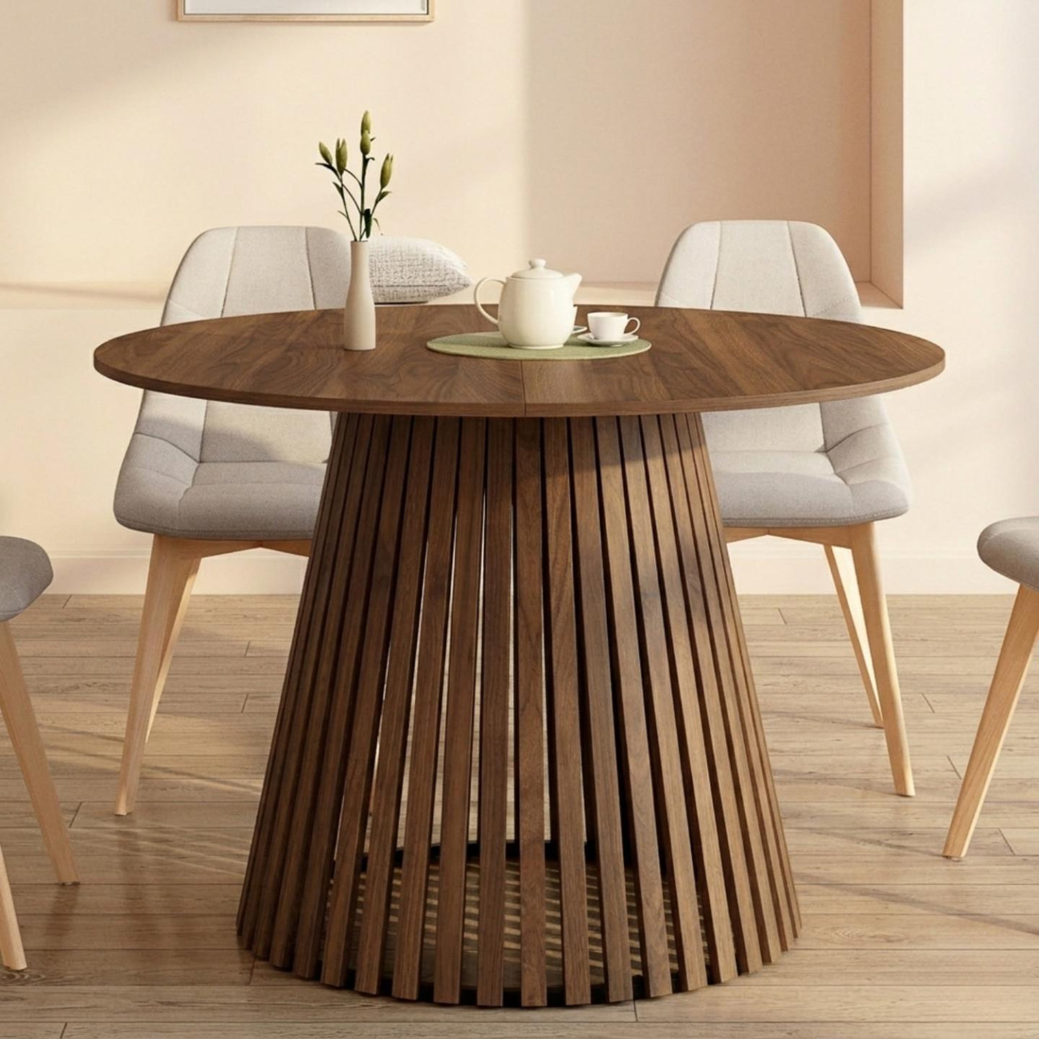 Voir la diapositive 2 : ID MARKET Table à manger ronde carmen 6 personnes pied noyer en lattes et plateau noyer 110 cm