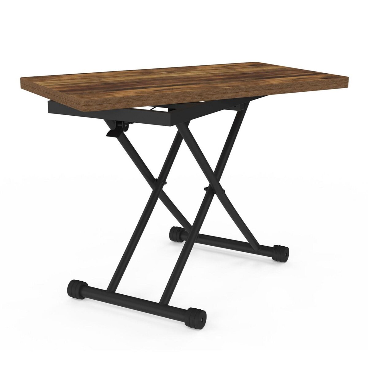 ID MARKET Table basse extensible relevable en table à manger URBANA plateau bois foncé effet vieilli pied noir design industriel
