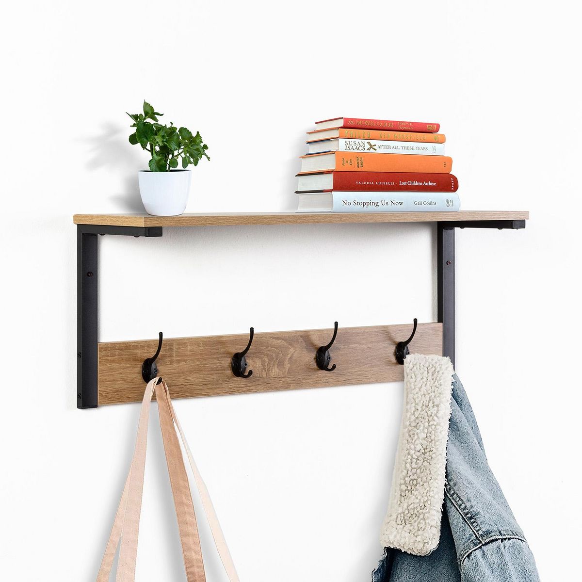 VS VENTA-STOCK Portemanteau Arlet mural 4 cintres et 1 étagère, couleur chêne/noir