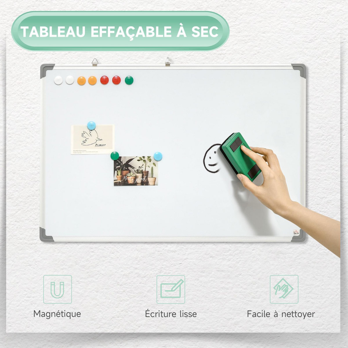 HOMCOM Tableau blanc aimanté magnétique dim. 90L x 60H cm nombreux accessoires inclus cadre aluminium