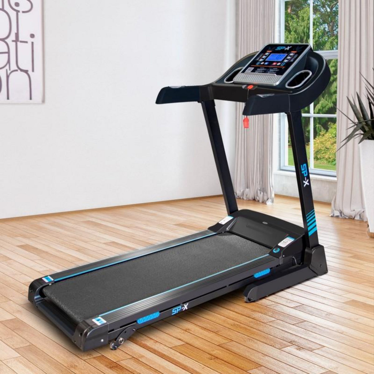 SPARRAW Tapis de course Pliable SPX -14km/h - 2,0 Cv - 12 Programmes, Inclinaison, Capteurs Pouls, Ecran LCD et Haut-Parleurs