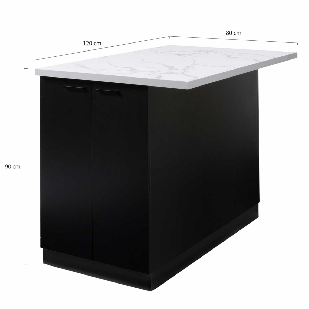 ID MARKET Ilot central IVO 120 cm bois noir avec plan de travail effet marbre ALASKA