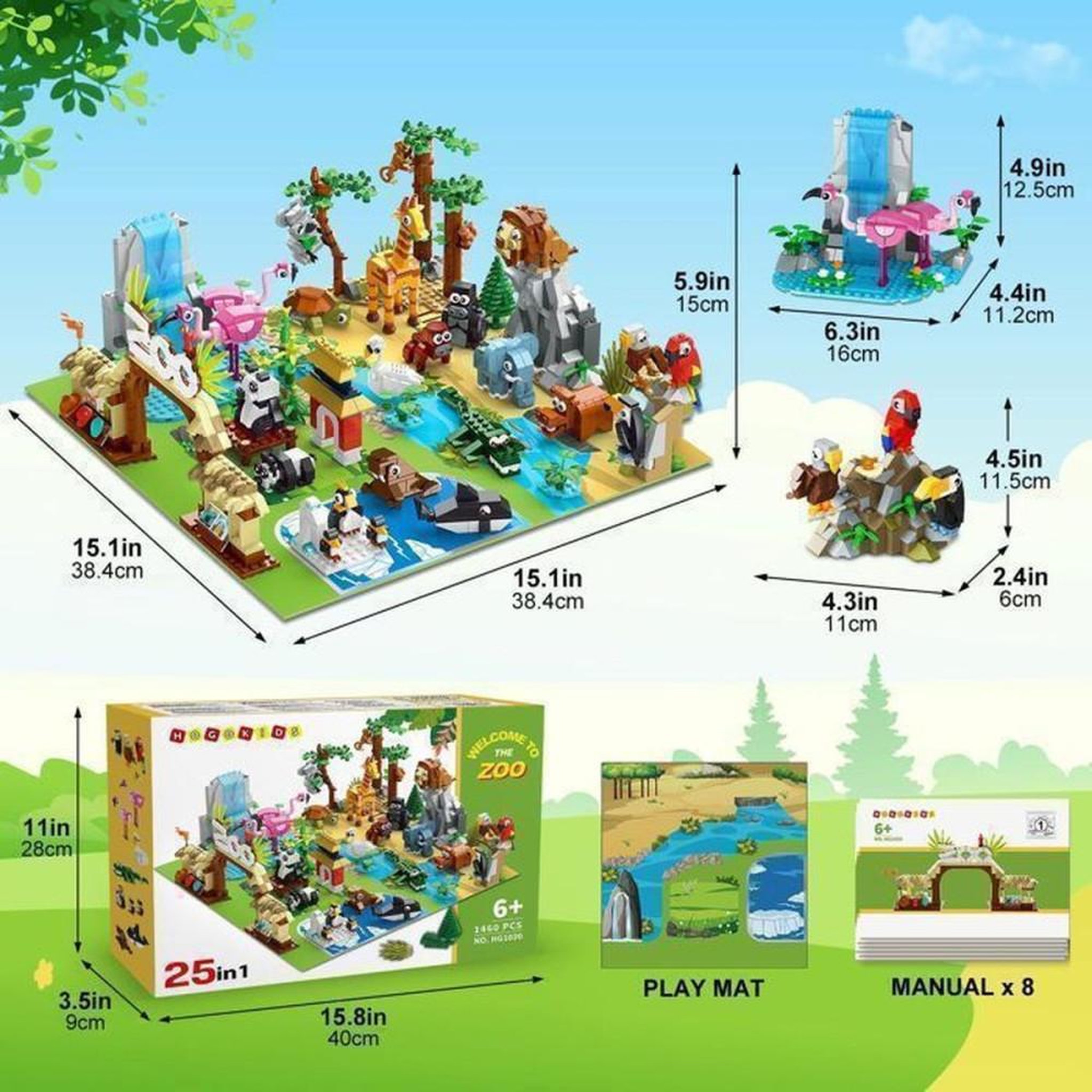 Voir la diapositive 5 : Kit de construction Zoo 25 en 1 avec 25 animaux et 8 habitats, tapis de jeu pliable 38 x 38 cm, dès 6 ans