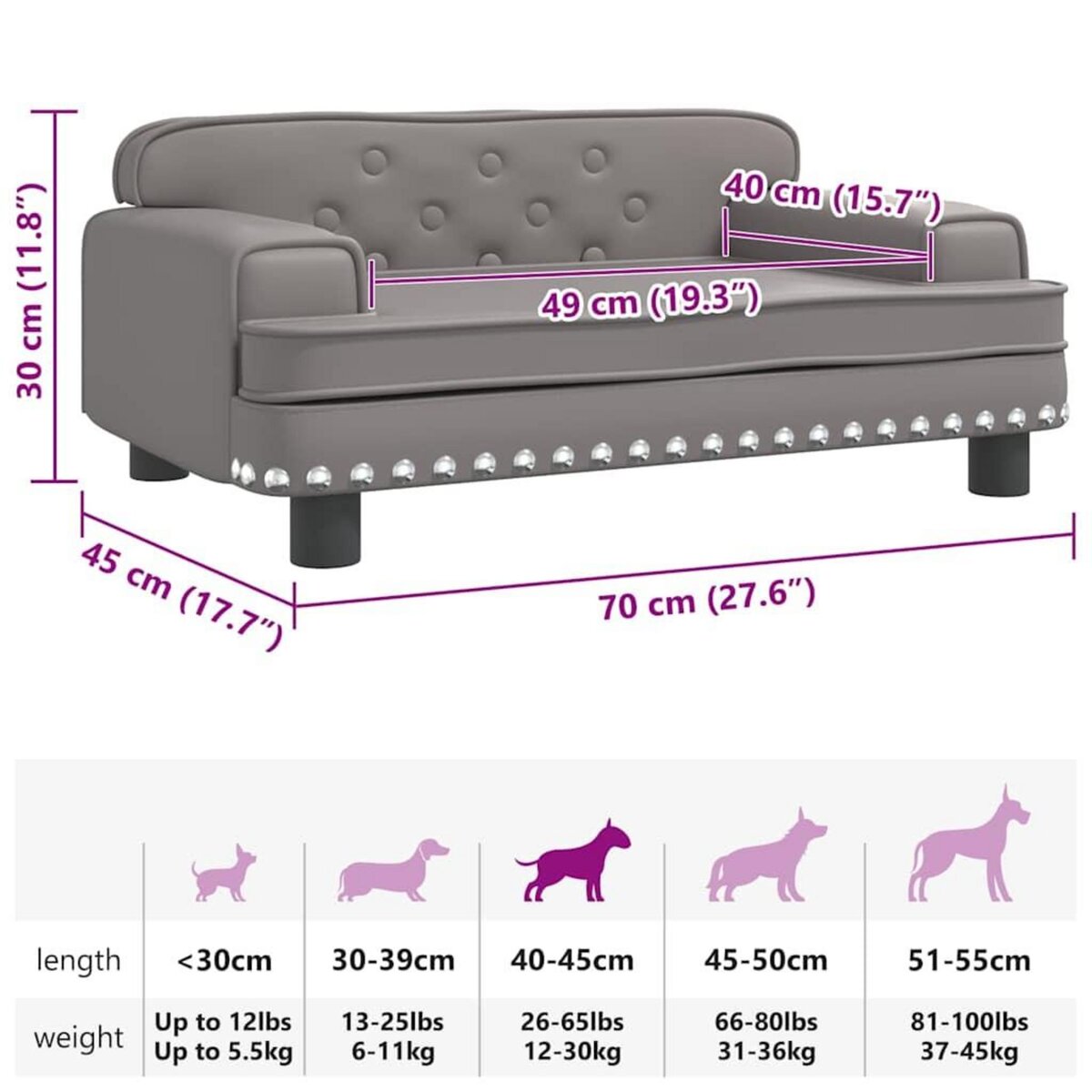 VIDAXL Lit pour chien gris 70x45x30 cm similicuir
