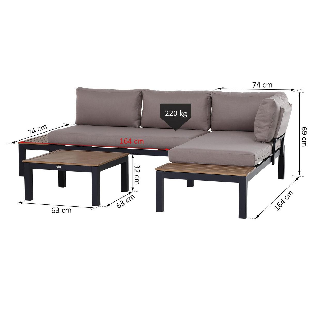 OUTSUNNY Ensemble salon de jardin d'angle design contemporain 5 places coussins marron table basse alu. noir et imitation bois