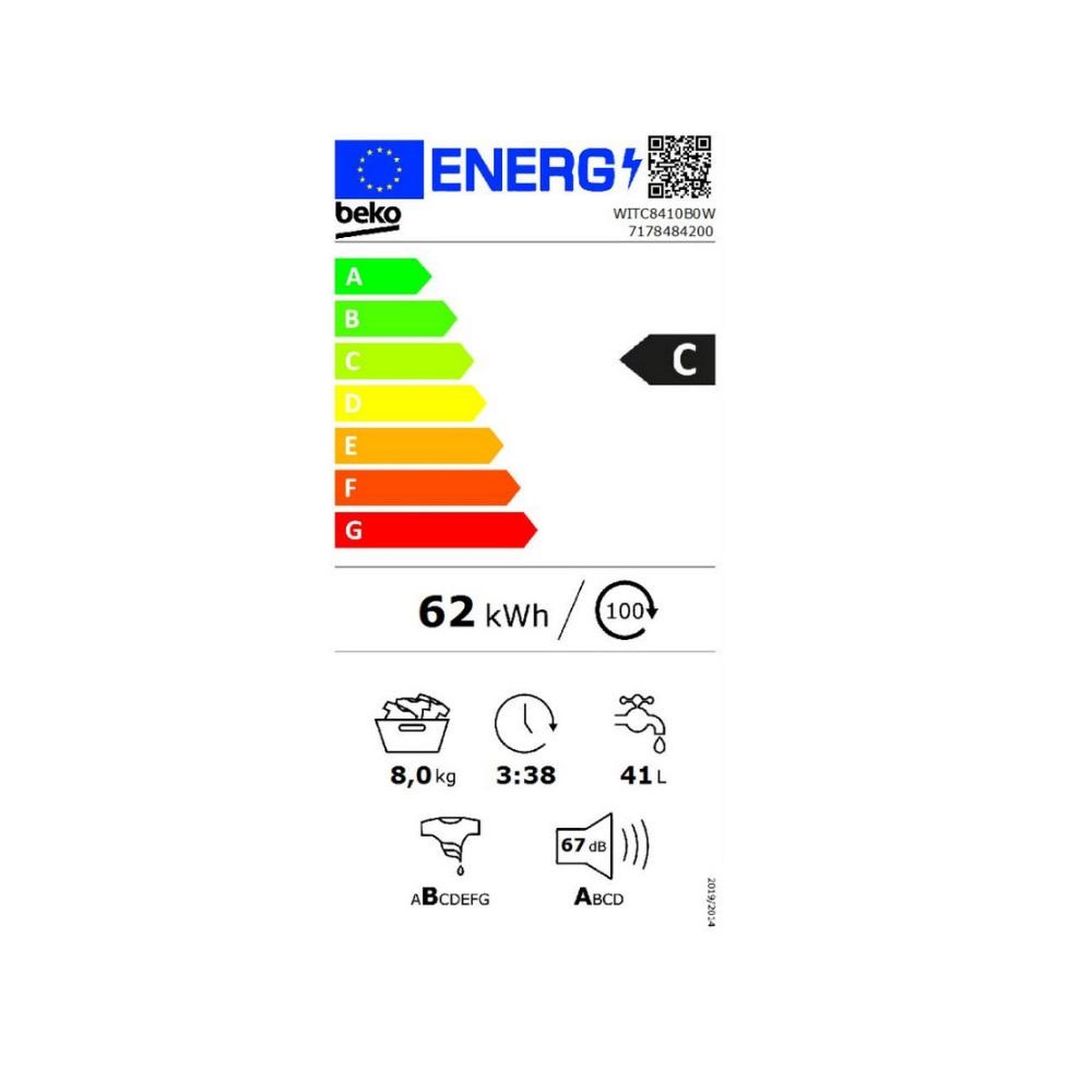 Voir la diapositive 2 : Beko Lave-linge intégrable 8kg 1400 tours/min - witc8410b0w