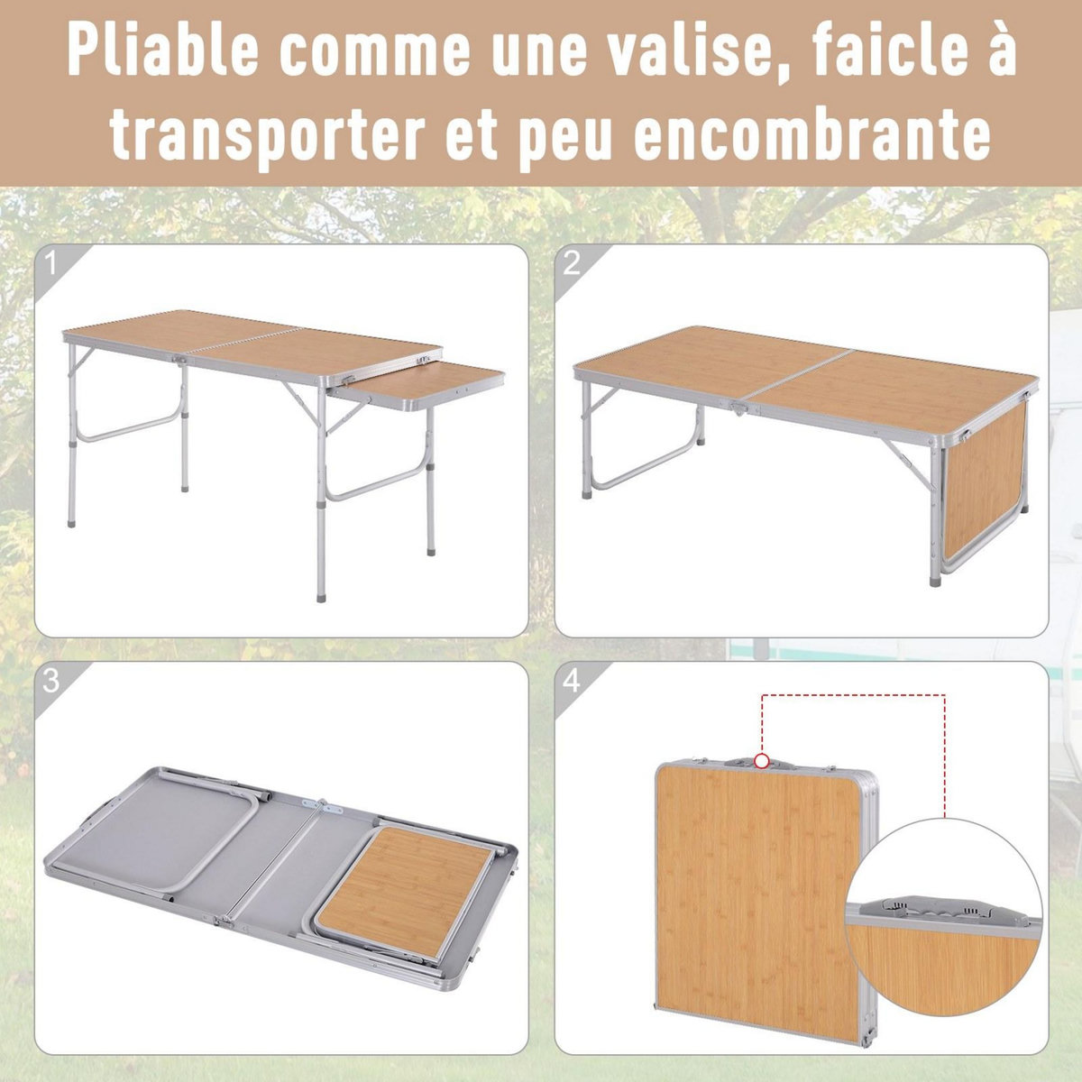 OUTSUNNY Table pliante table de camping table de jardin avec rallonge hauteur réglable aluminium MDF imitation bambou