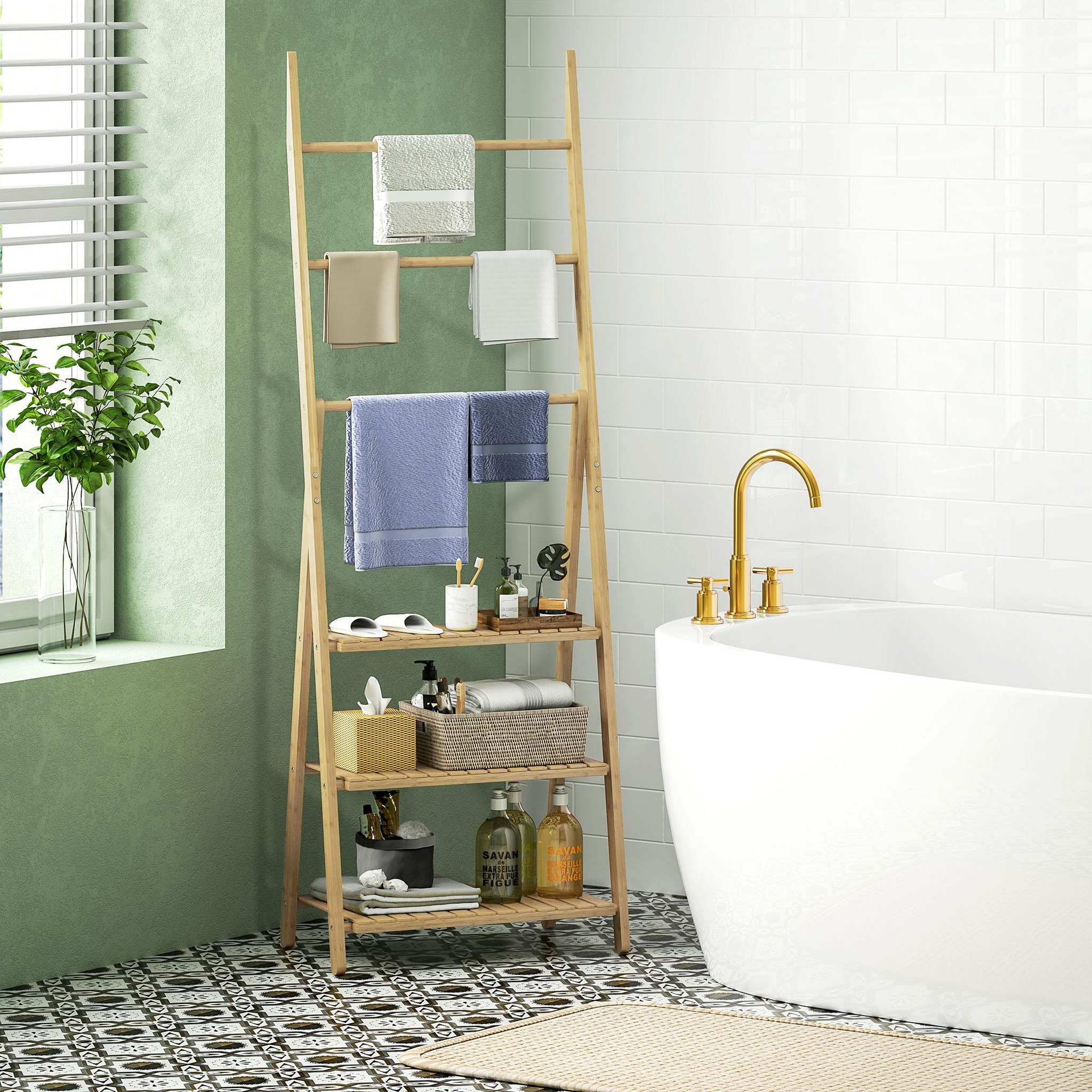 Voir la diapositive 2 : HOMCOM Porte-serviettes pliable style cosy bambou verni 3 barres 3 étagères H.153cm